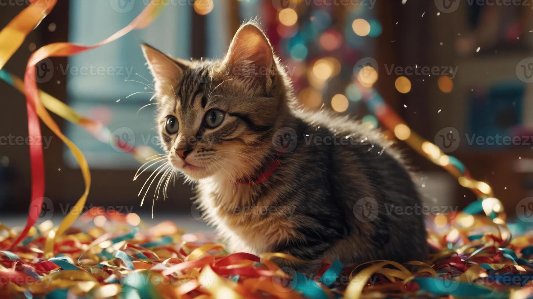 A playful kitten surrounded by colorful ribbons, capturing a festive atmosphere. photo