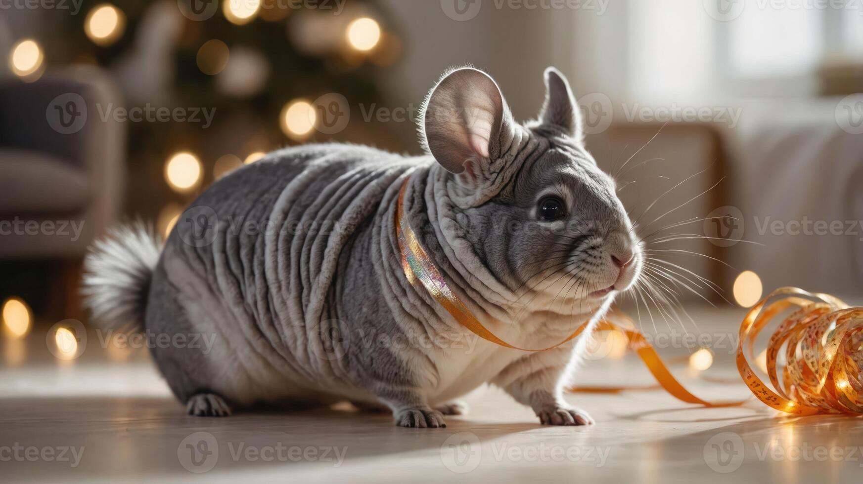 A cute chinchilla with a ribbon, set in a cozy room with festive lights. photo