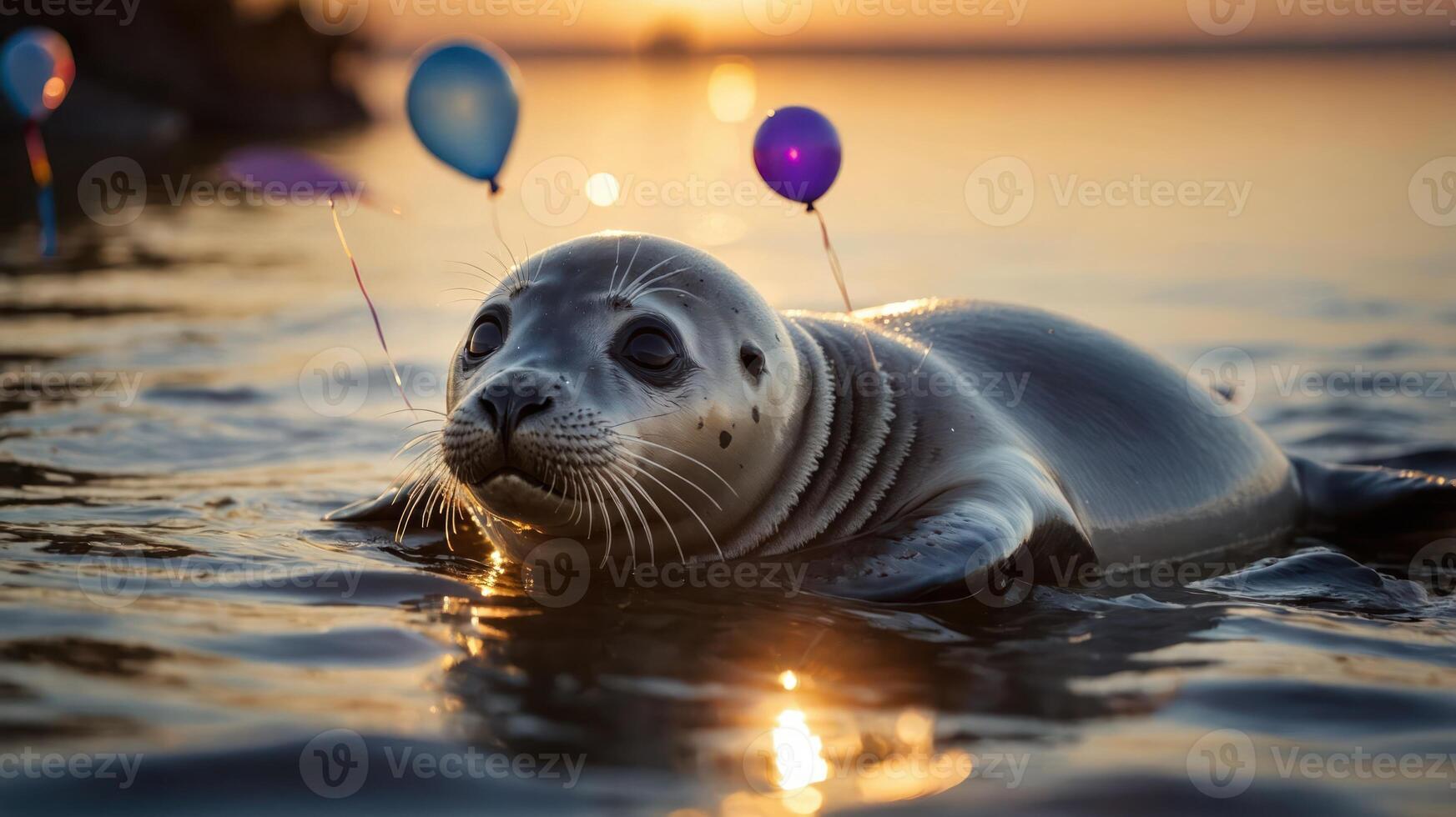 A playful seal adorned with balloons swimming in a serene sunset-lit water. photo
