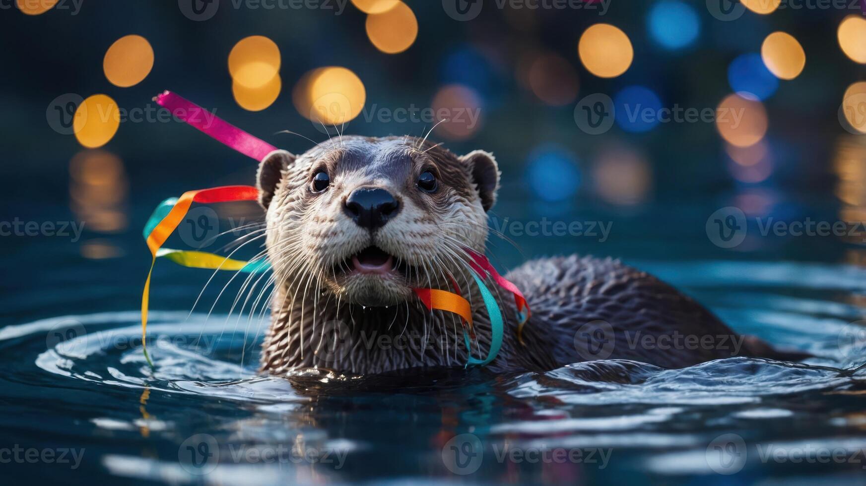 A playful otter swimming with colorful ribbons in a festive atmosphere. photo