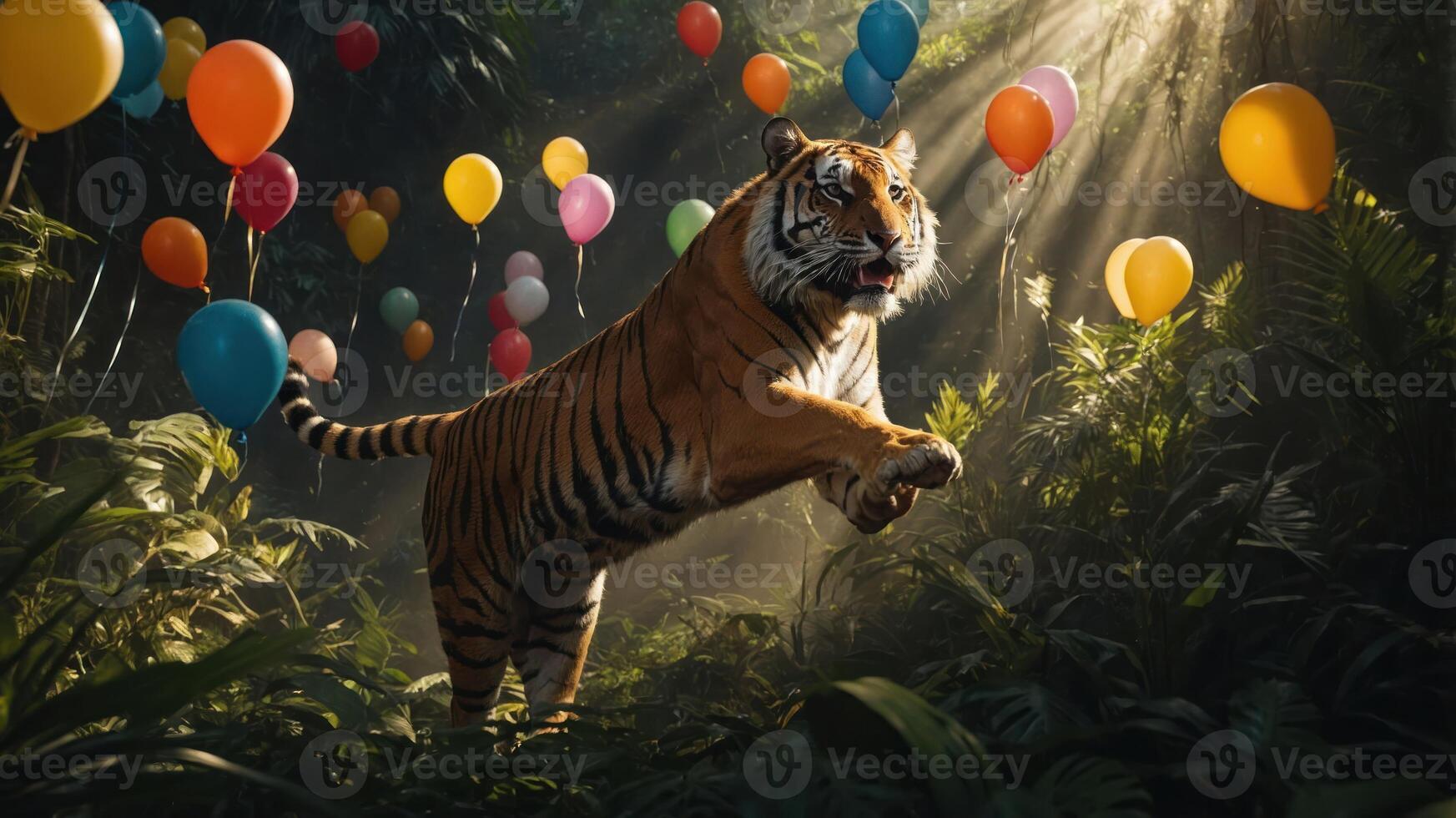 A tiger leaps joyfully among colorful balloons in a lush jungle setting. photo