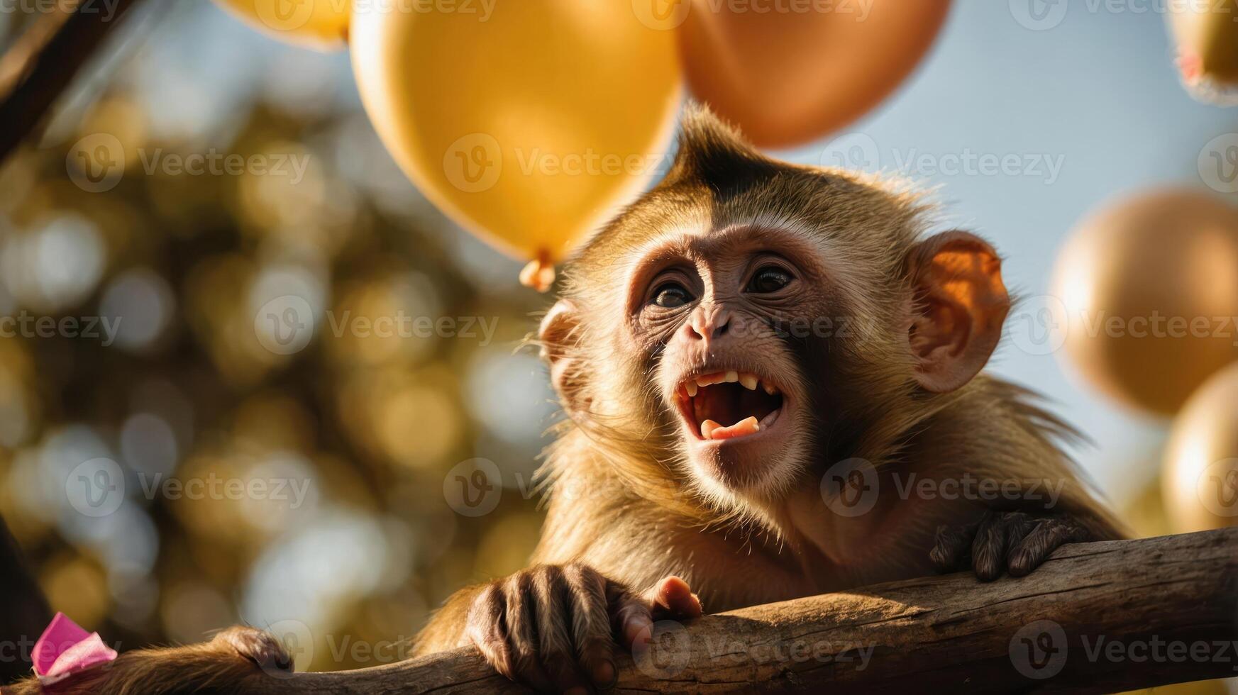 A lively monkey with a surprised expression among colorful balloons. photo