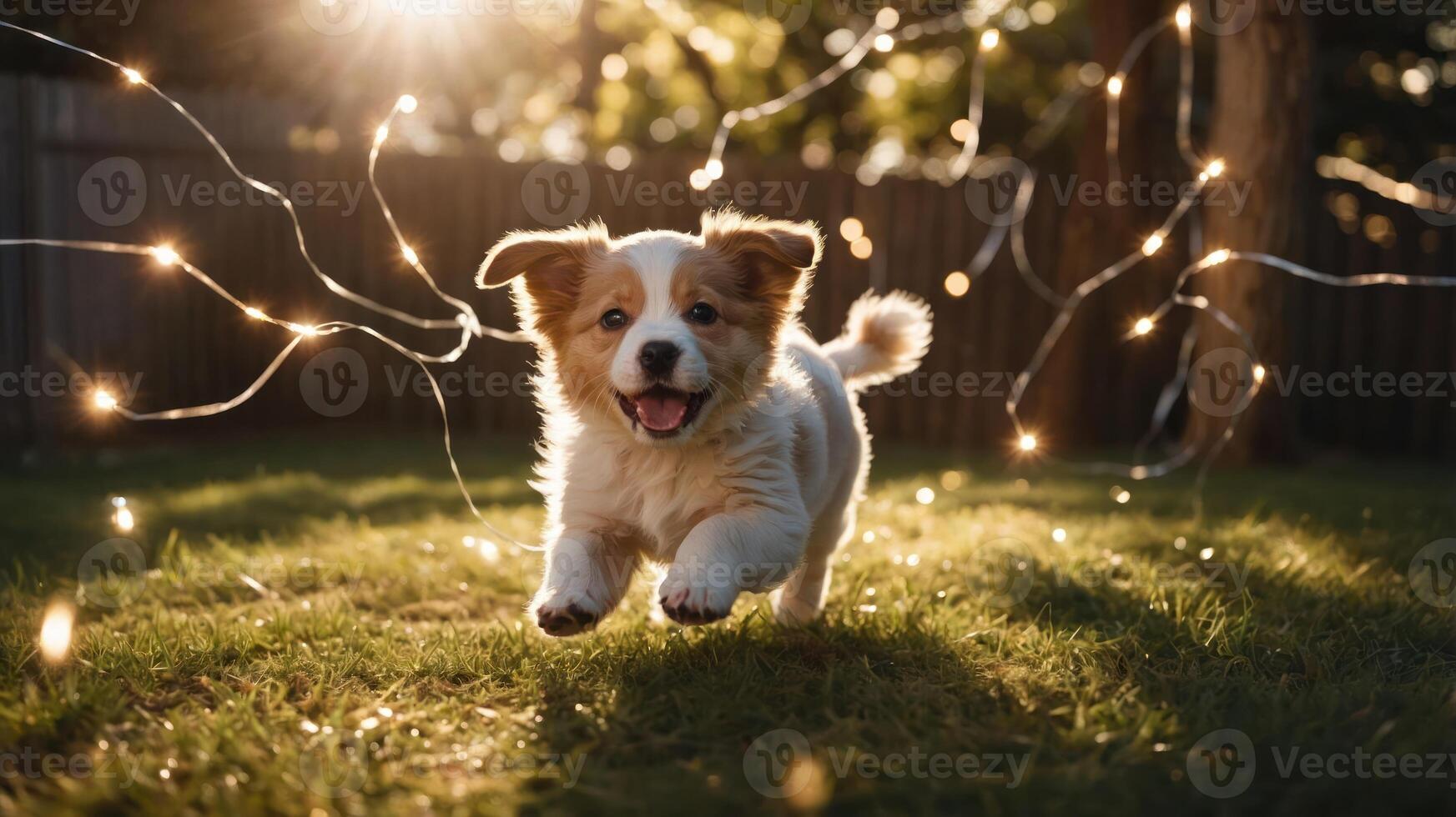 A playful puppy runs joyfully in a sunlit garden, surrounded by twinkling lights. photo