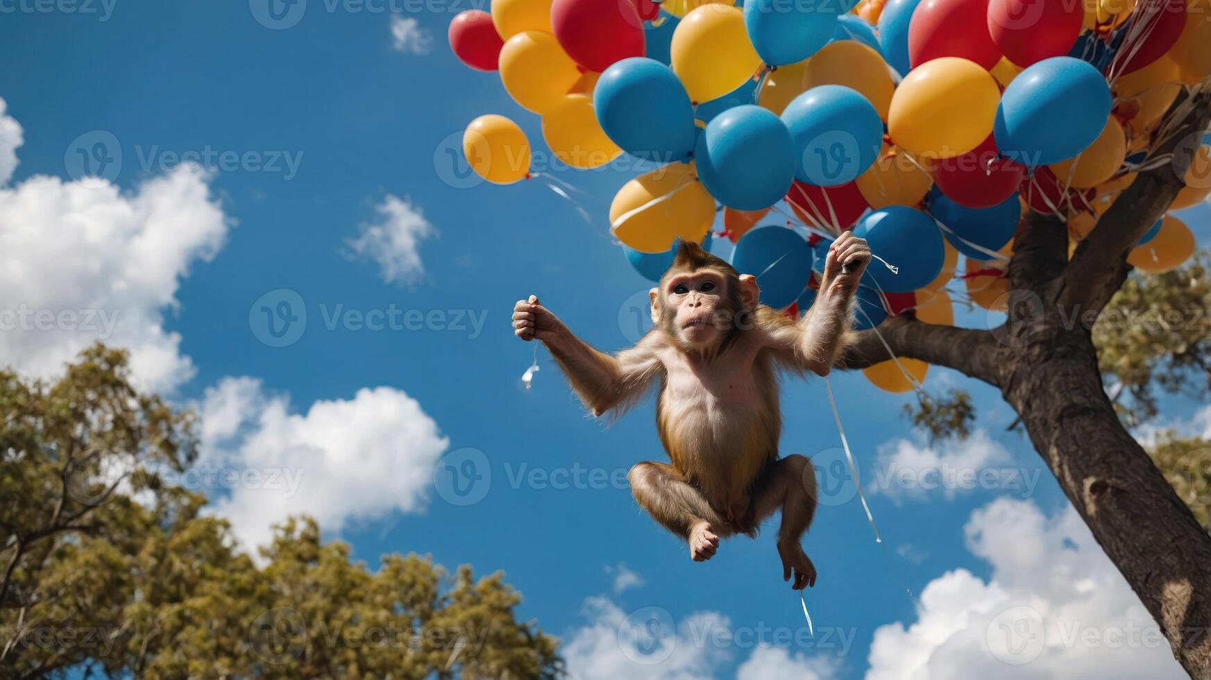 A monkey suspended in the air by colorful balloons against a blue sky. photo