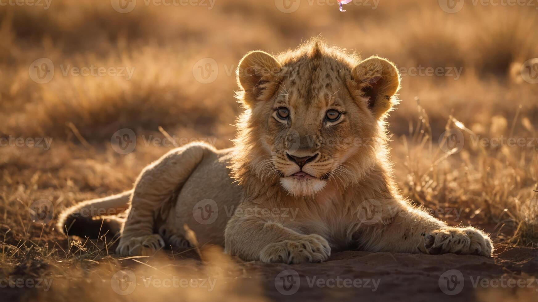 A young lion cub rests in a golden grass landscape during sunset. photo