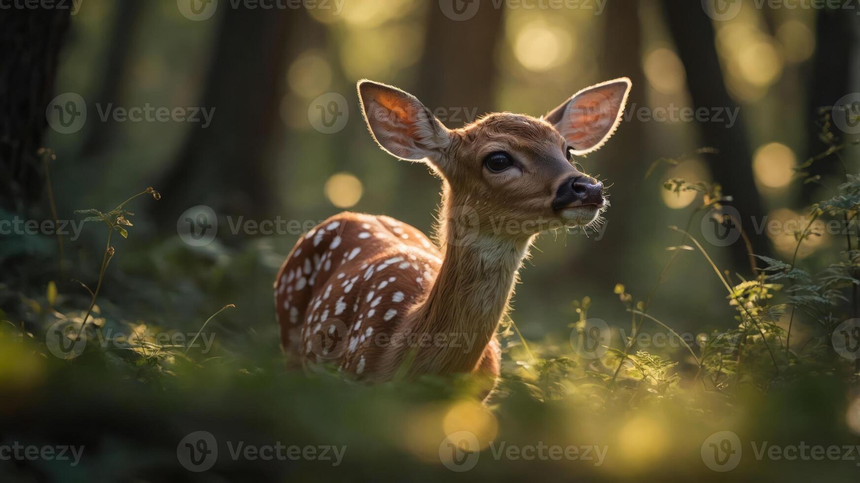 A young deer stands gracefully in a sunlit forest, surrounded by soft greenery. photo