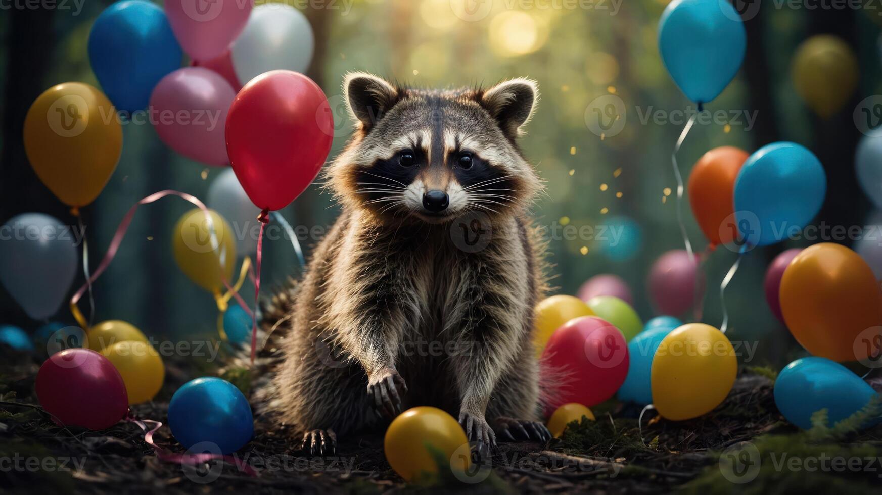 A raccoon surrounded by colorful balloons in a forest setting, evoking a festive atmosphere. photo