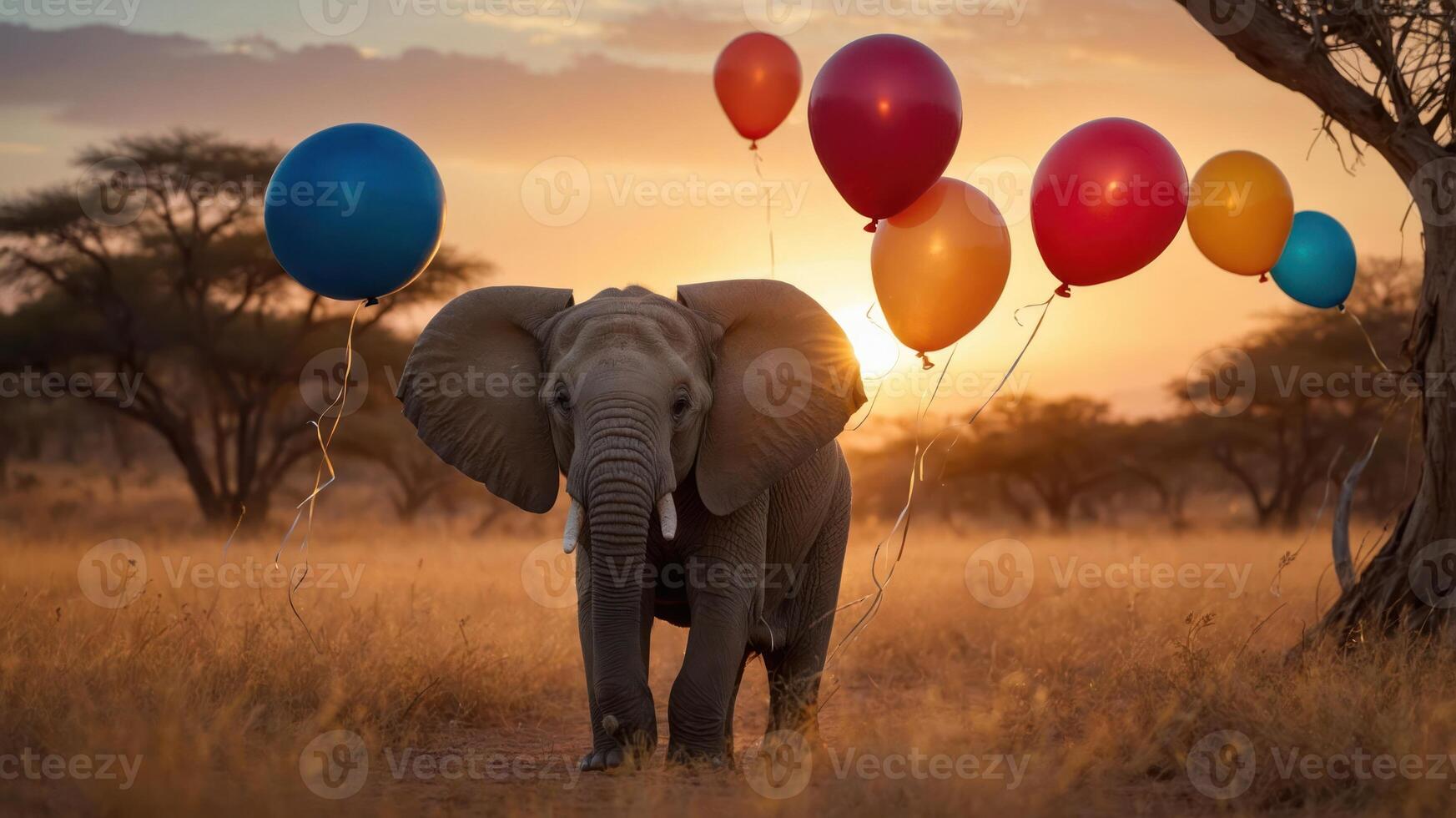 An elephant stands in a sunset landscape, holding colorful balloons, creating a whimsical scene. photo