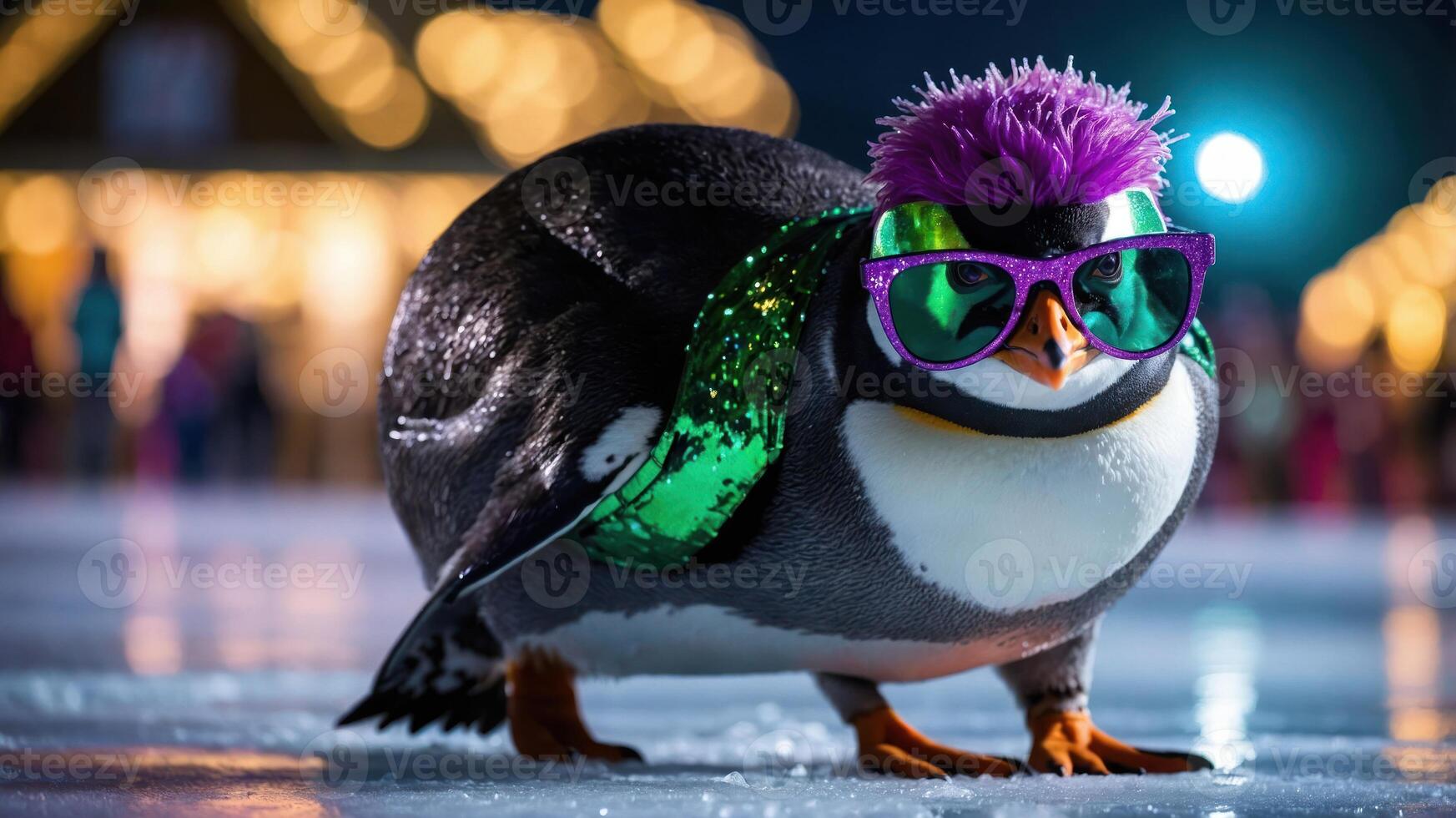 A stylish penguin wearing sunglasses and a sparkly scarf on an ice rink. photo
