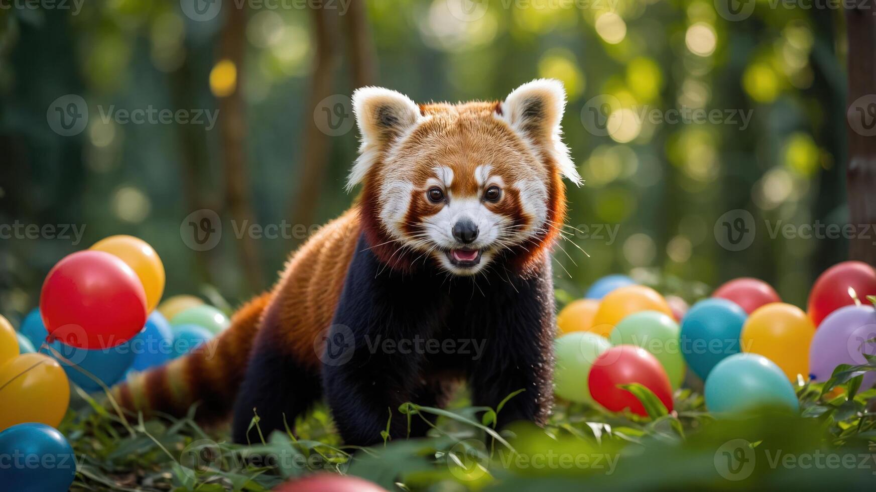 A red panda surrounded by colorful balloons in a lush green setting. photo
