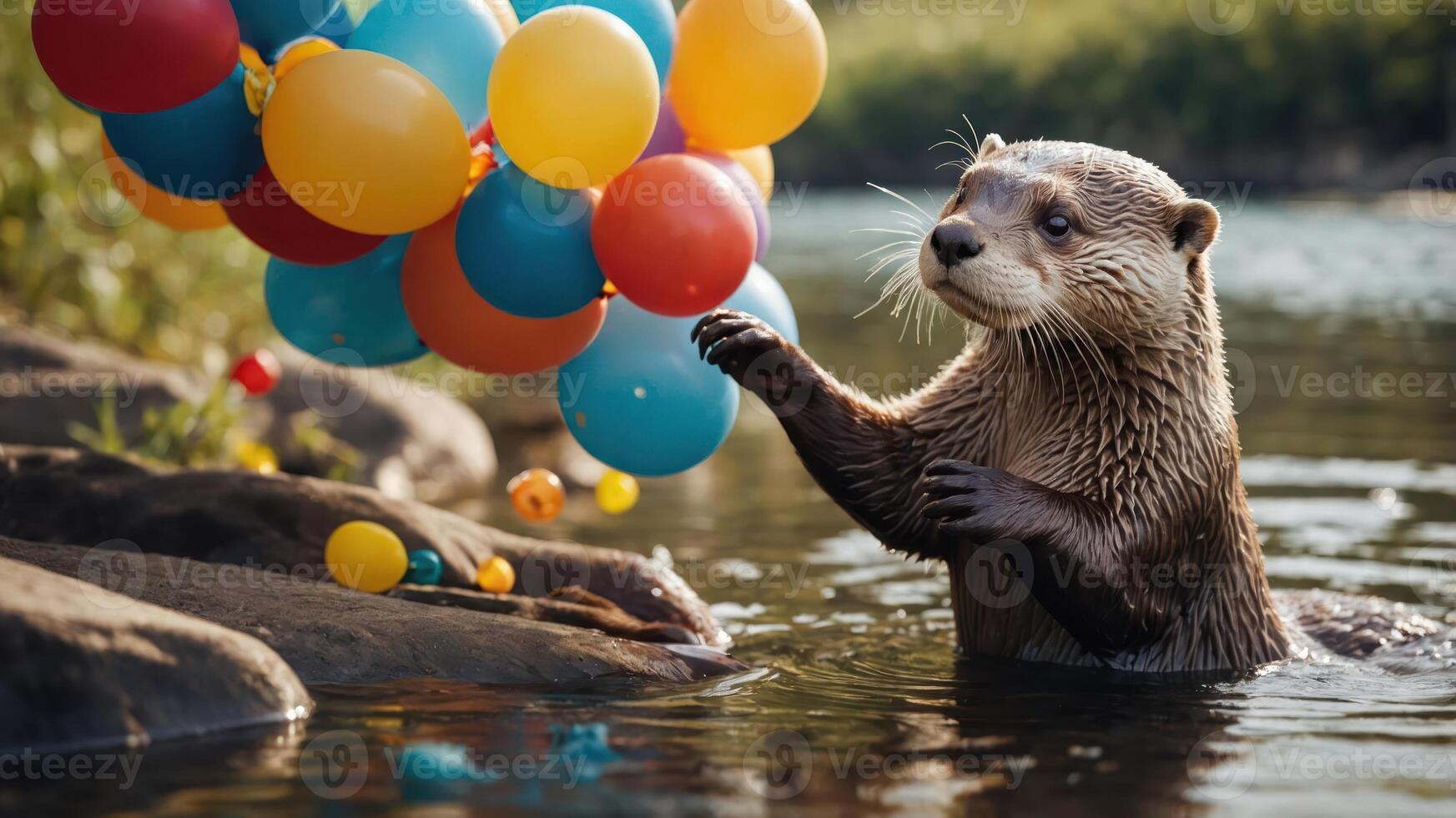An otter curiously interacts with colorful balloons in a serene water setting. photo