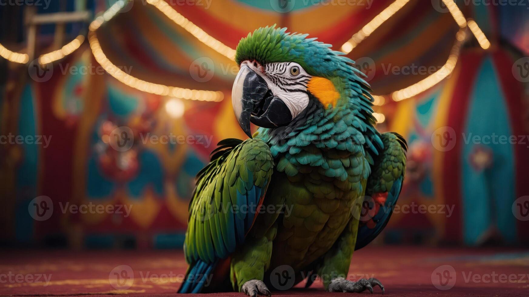 A vibrant parrot perched in a colorful circus setting, showcasing its bright plumage. photo