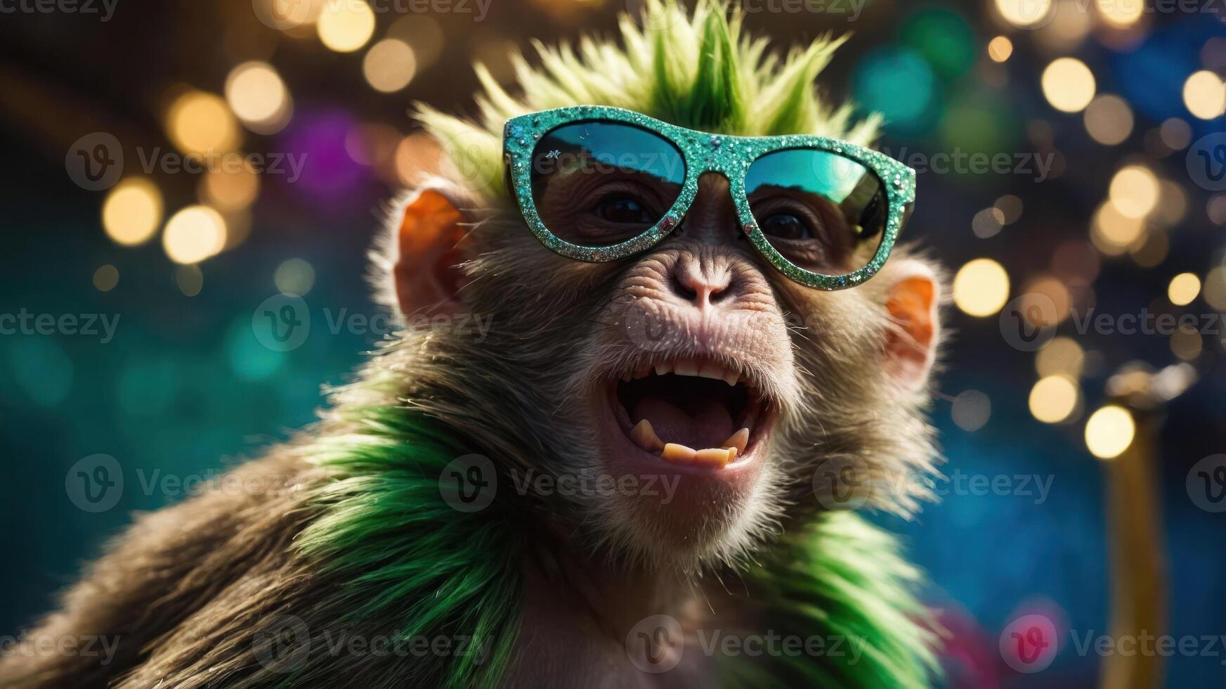 A playful monkey wearing sunglasses with vibrant green hair, set against a colorful background. photo