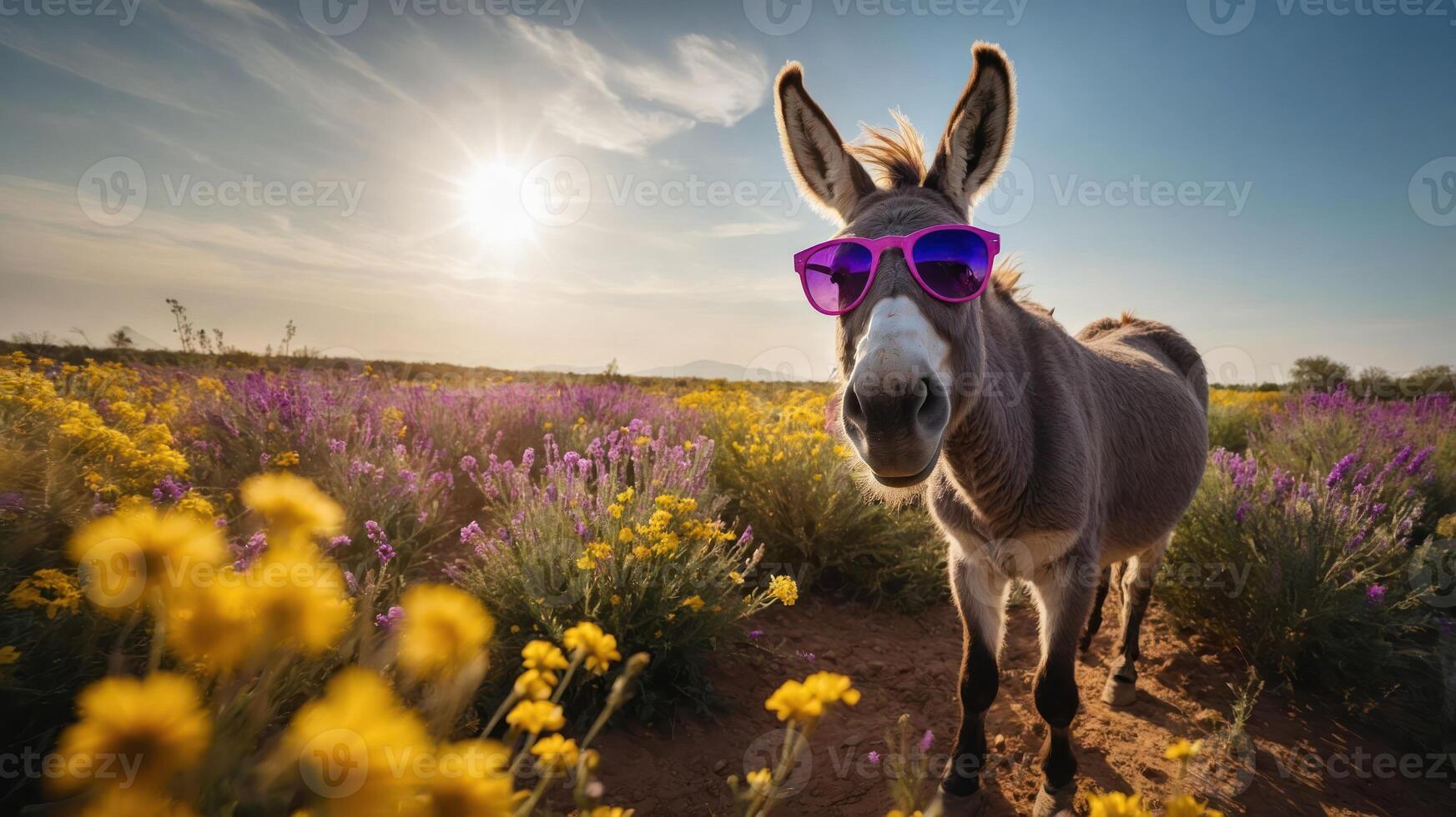A playful donkey wearing sunglasses stands in a vibrant flower field under a sunny sky. photo