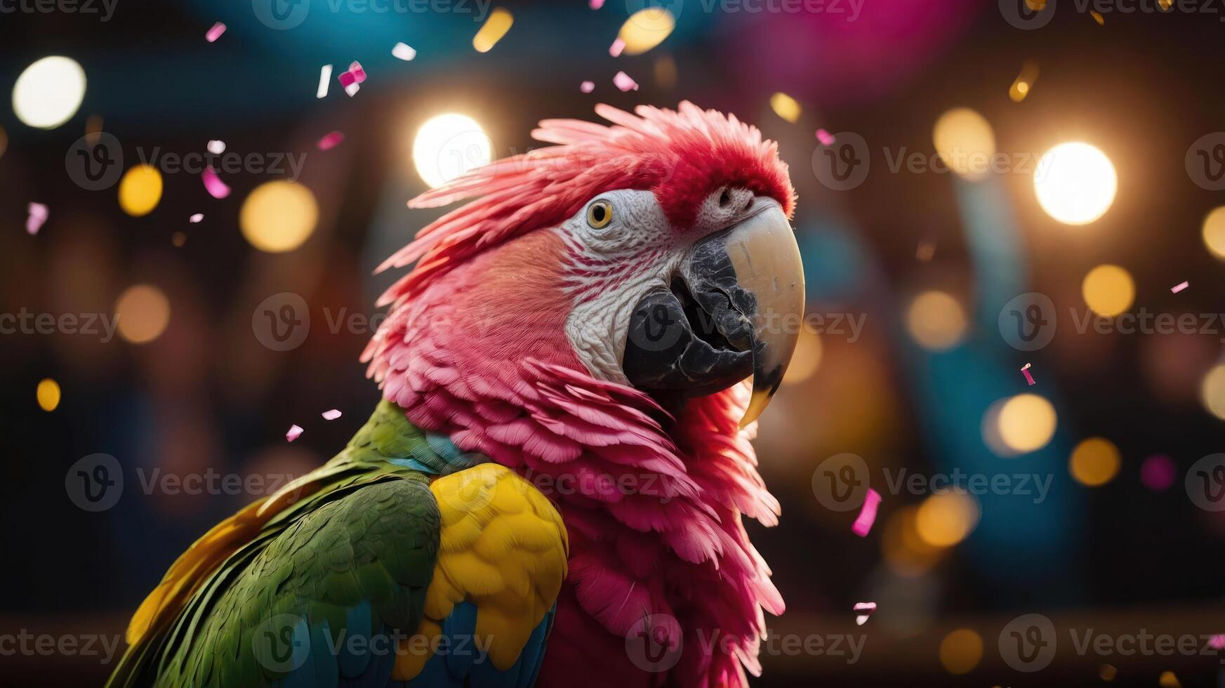 A vibrant parrot with colorful feathers amidst a festive atmosphere. photo