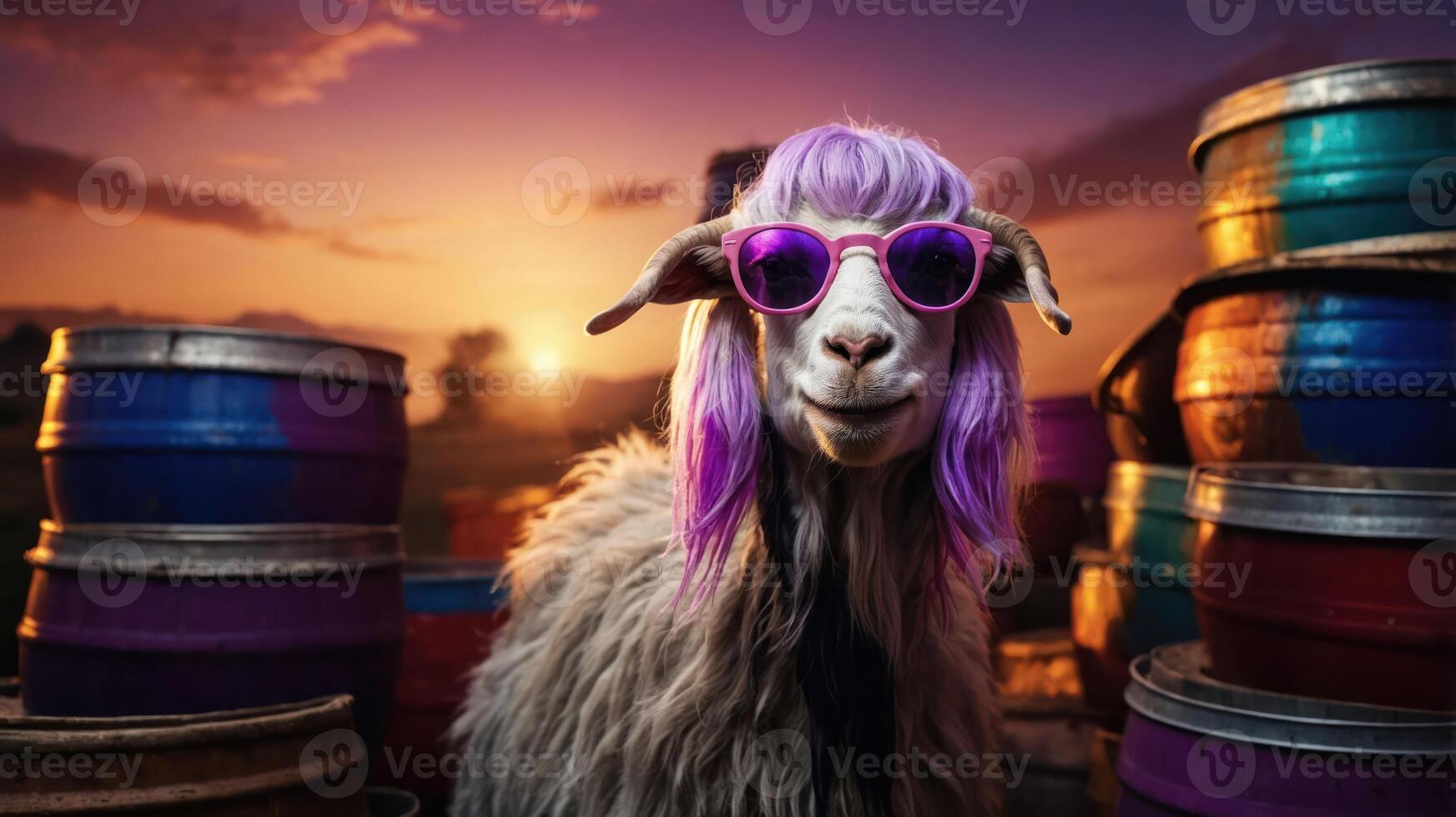 A goat wearing sunglasses and a wig poses playfully among colorful barrels at sunset. photo