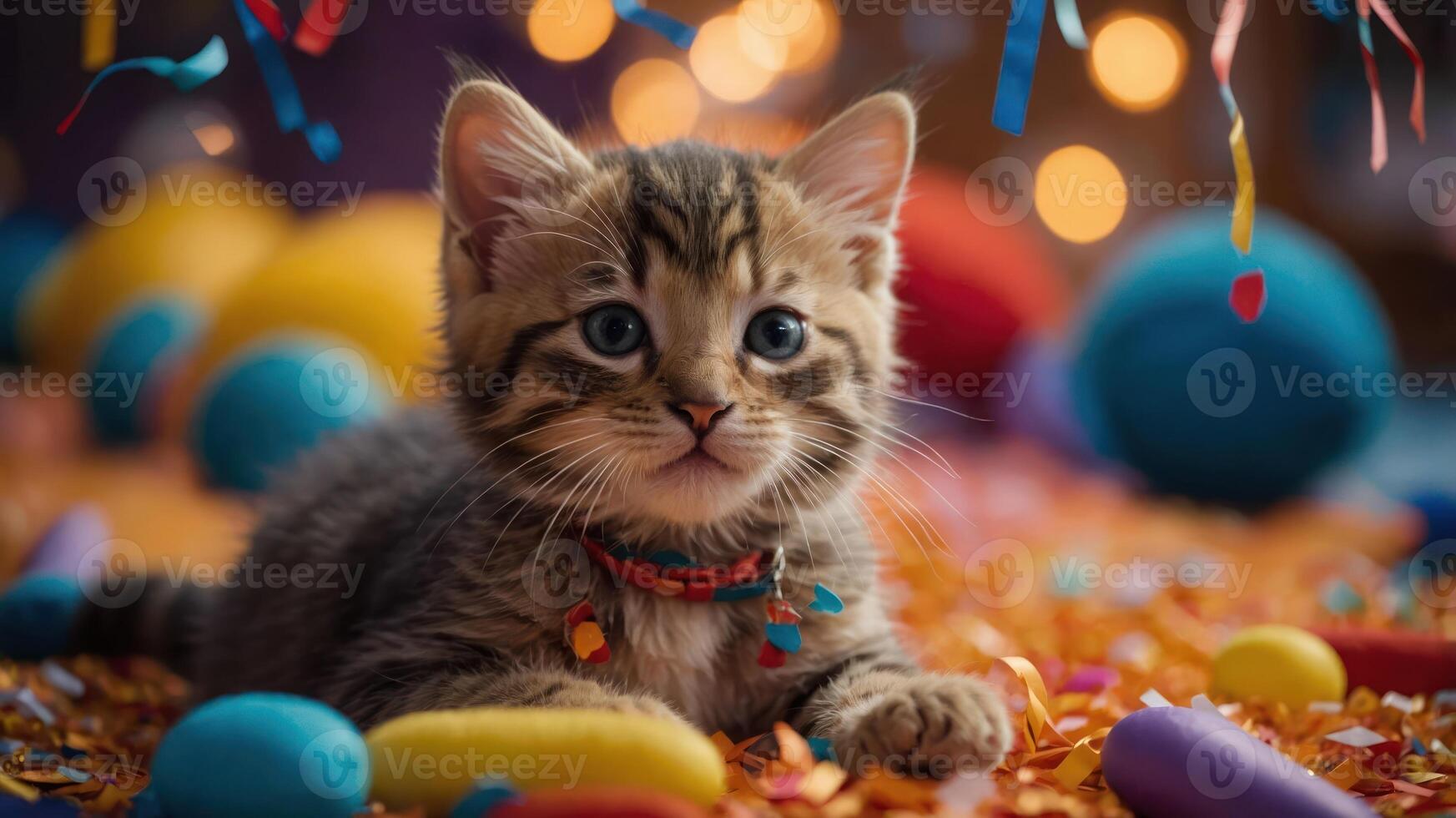 A playful kitten surrounded by colorful decorations and confetti, evoking a festive atmosphere. photo