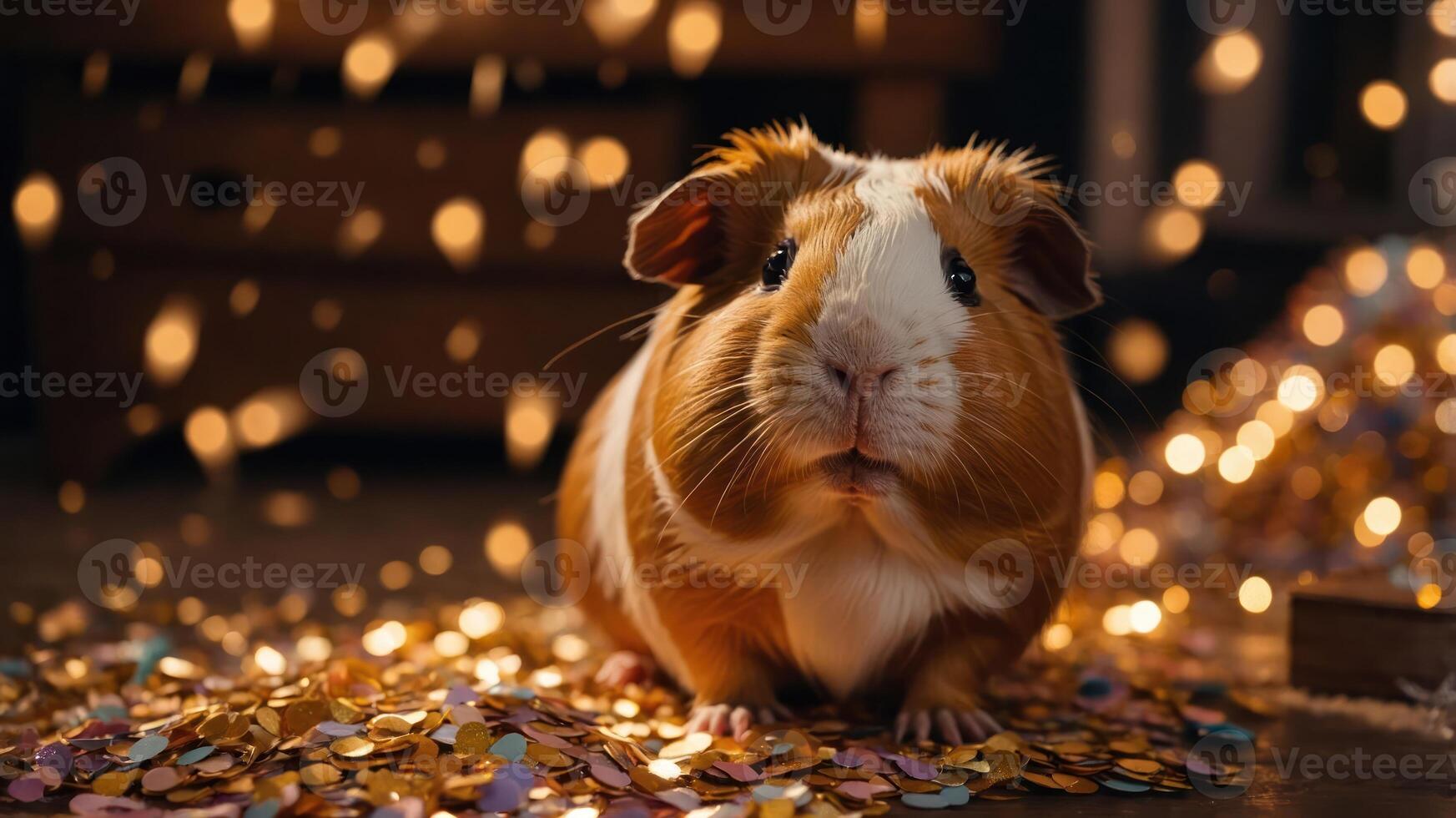 A cute guinea pig surrounded by colorful confetti and sparkles, creating a festive atmosphere. photo