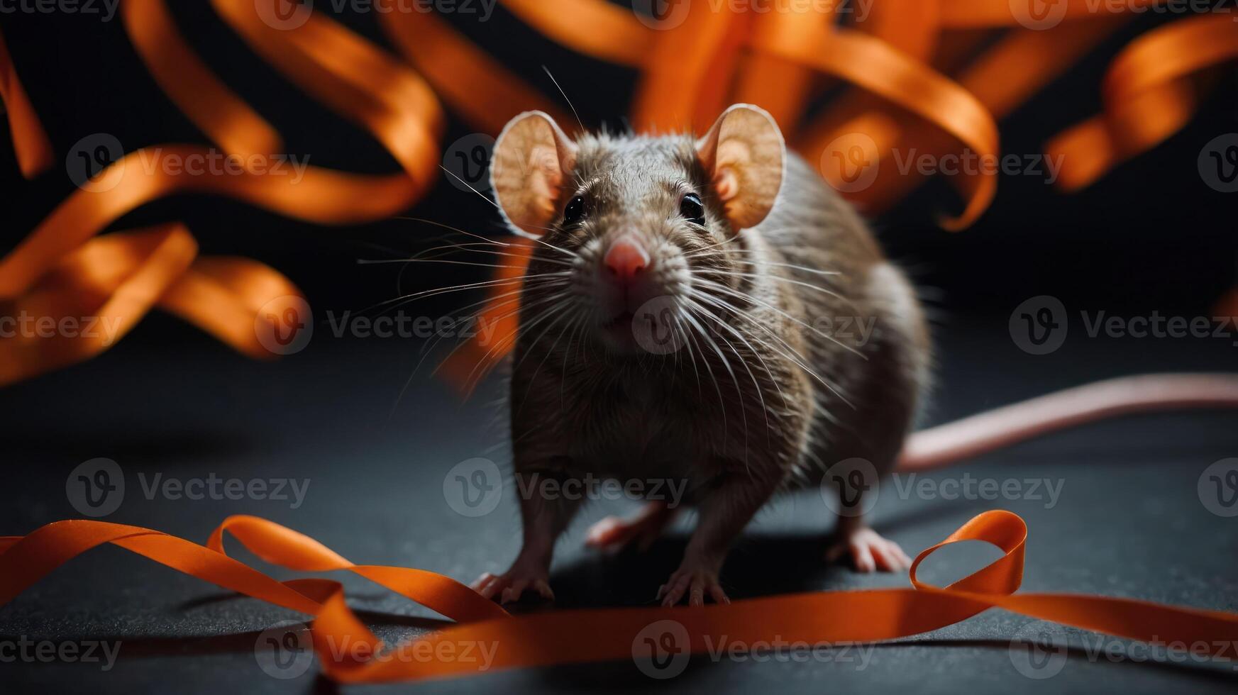 A close-up of a mouse surrounded by orange ribbons on a dark surface. photo