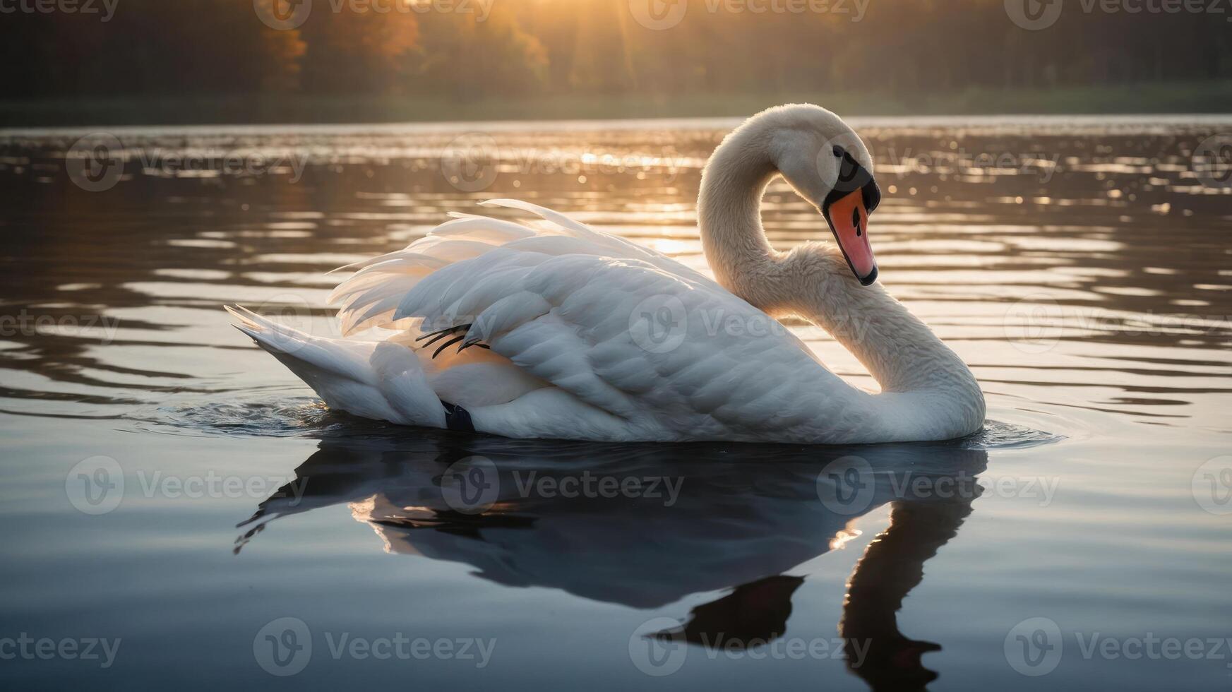 A serene swan gliding on a calm lake during sunset, reflecting tranquility and nature's beauty. photo