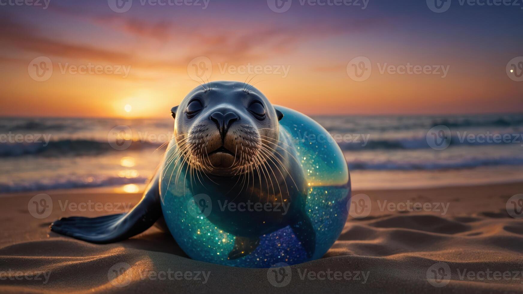 A seal resting on the beach at sunset, surrounded by a shimmering ball. photo