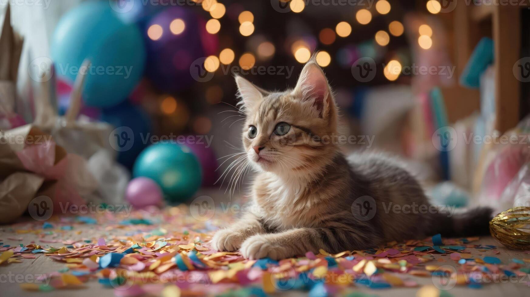 A playful kitten surrounded by colorful confetti at a festive celebration. photo