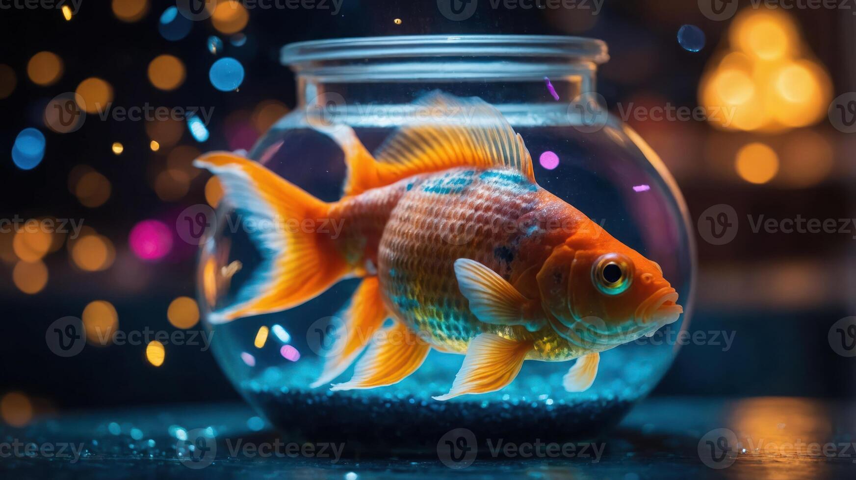 A vibrant goldfish in a bowl, illuminated by colorful bokeh lights. photo