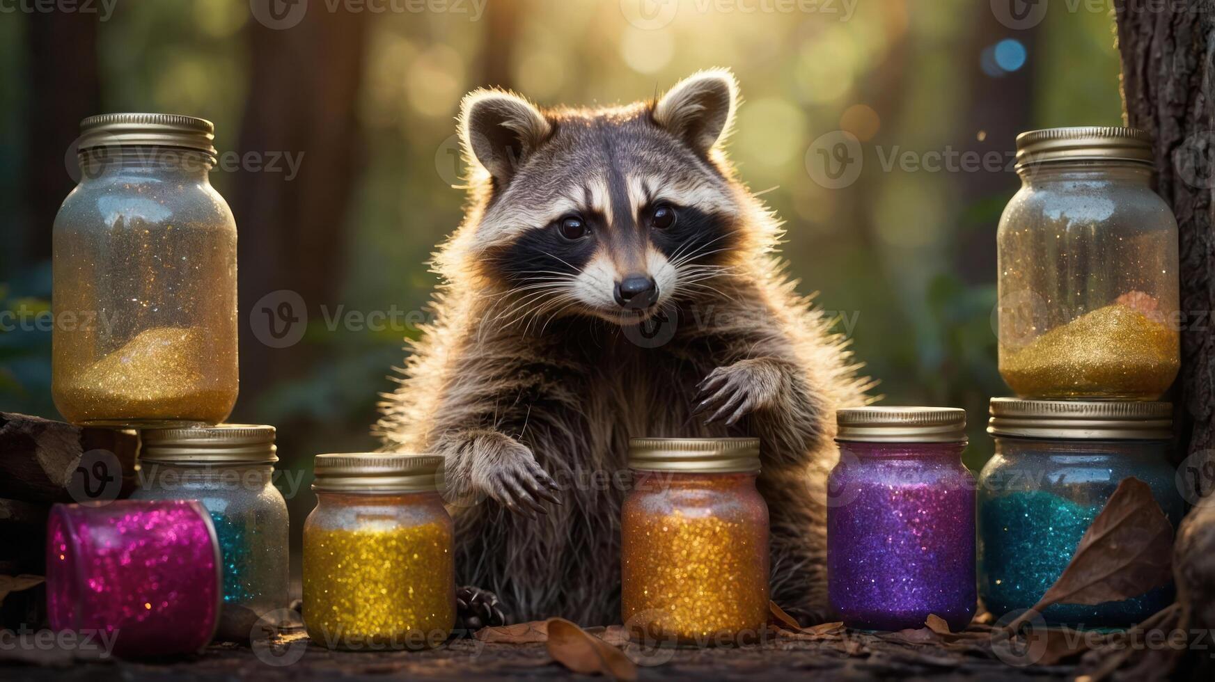 A raccoon surrounded by colorful glitter jars in a forest setting. photo