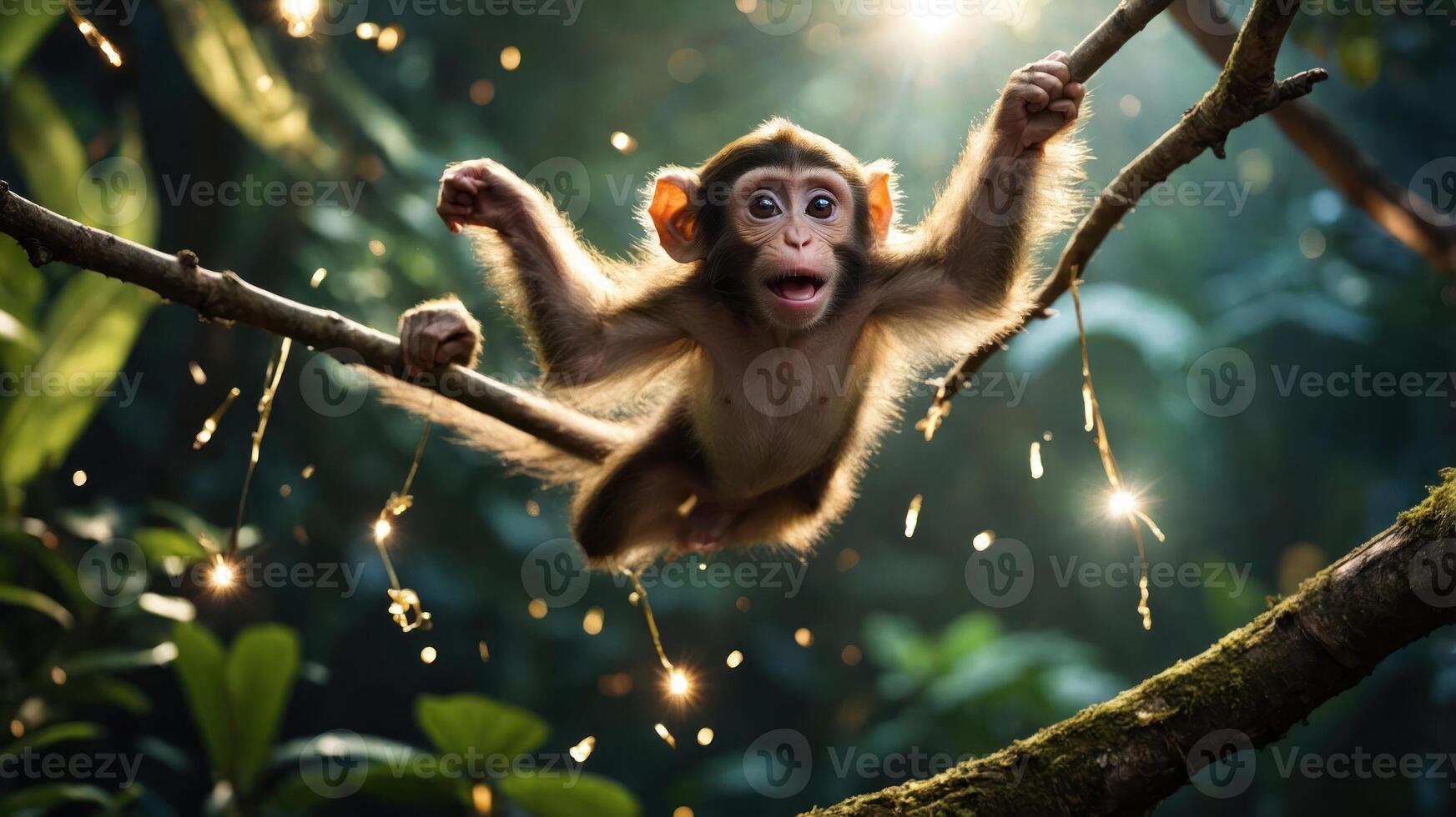 A playful monkey swings on a branch in a lush, vibrant jungle, surrounded by sparkling lights. photo