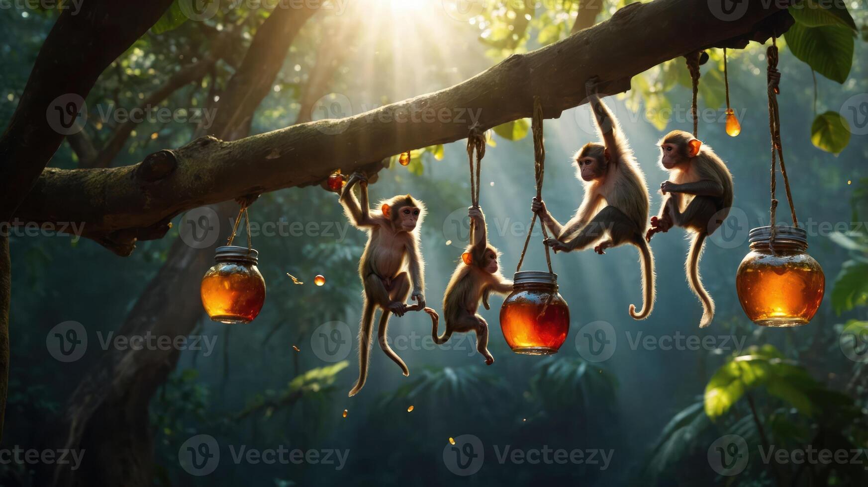 Monkeys playfully hanging on a branch with jars of honey in a vibrant jungle setting. photo