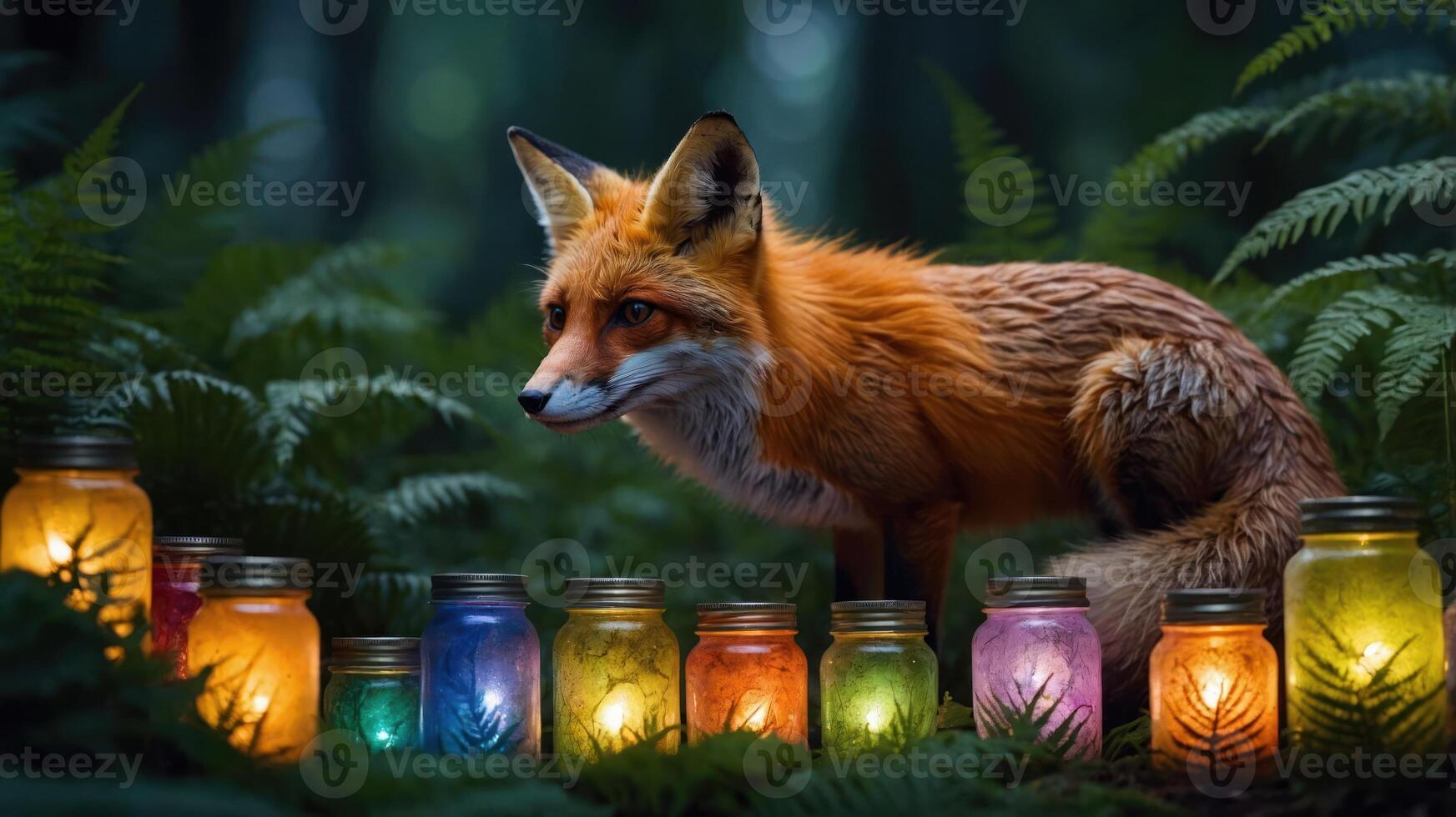 A fox beside colorful glowing jars in a lush forest setting. photo