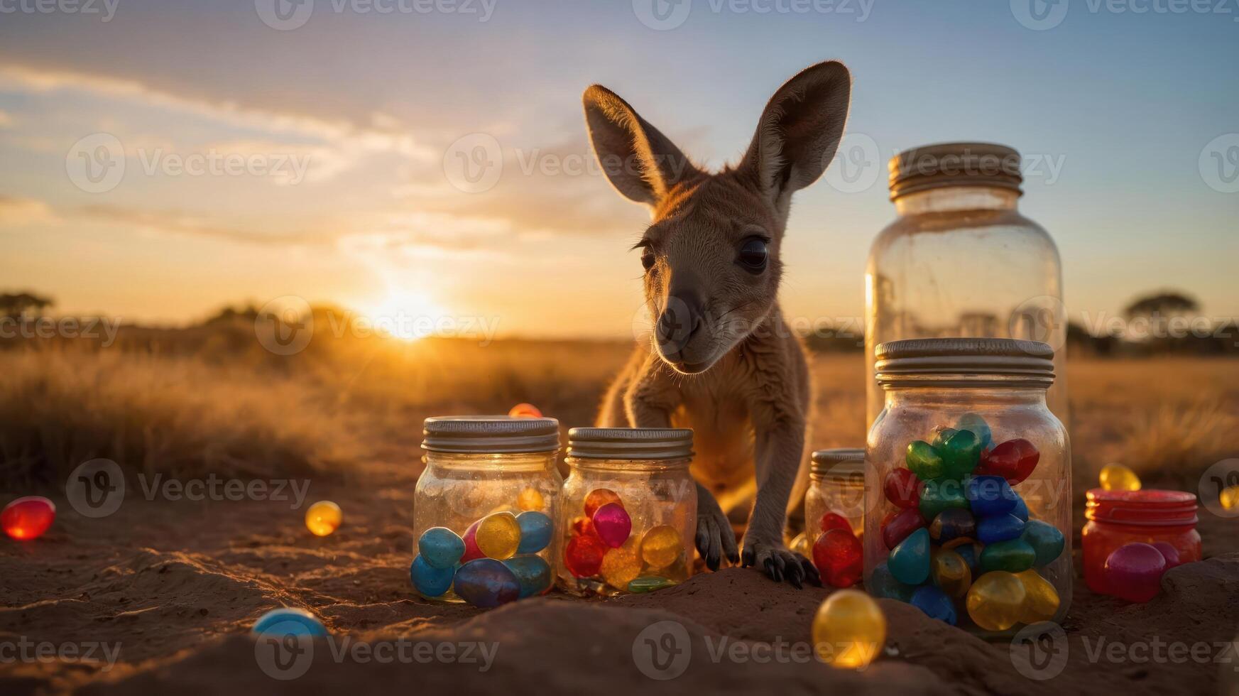 A kangaroo explores colorful jars and eggs at sunset in a natural setting. photo