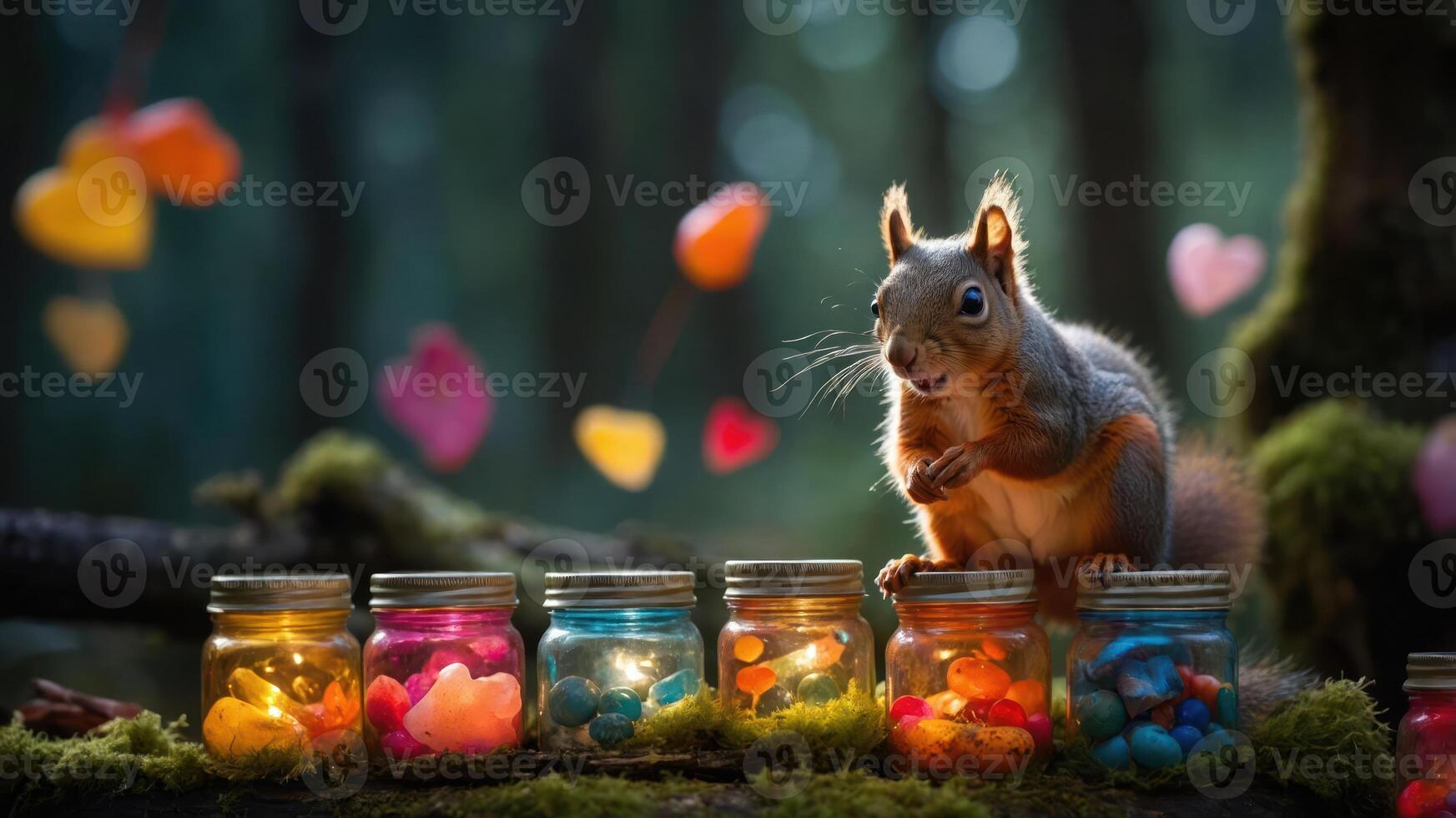 A playful squirrel curiously inspects colorful jars filled with vibrant stones in a forest setting. photo