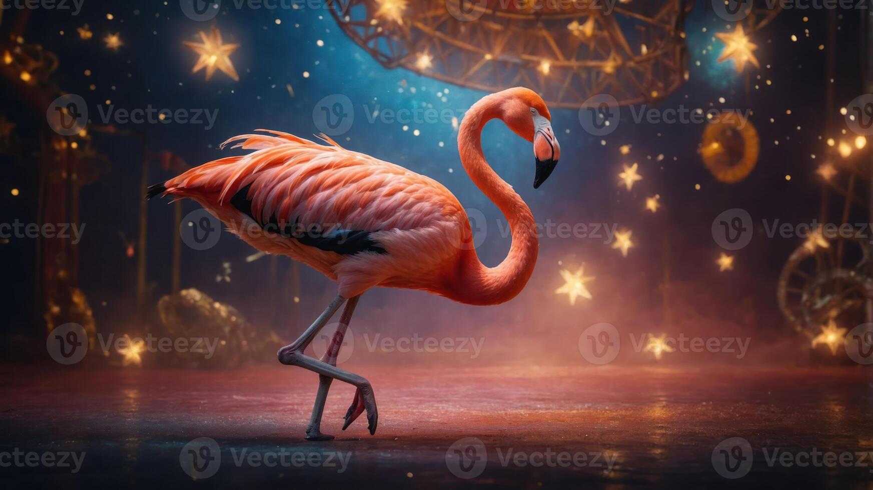 A vibrant flamingo gracefully walks in a whimsical, colorful circus-like setting. photo