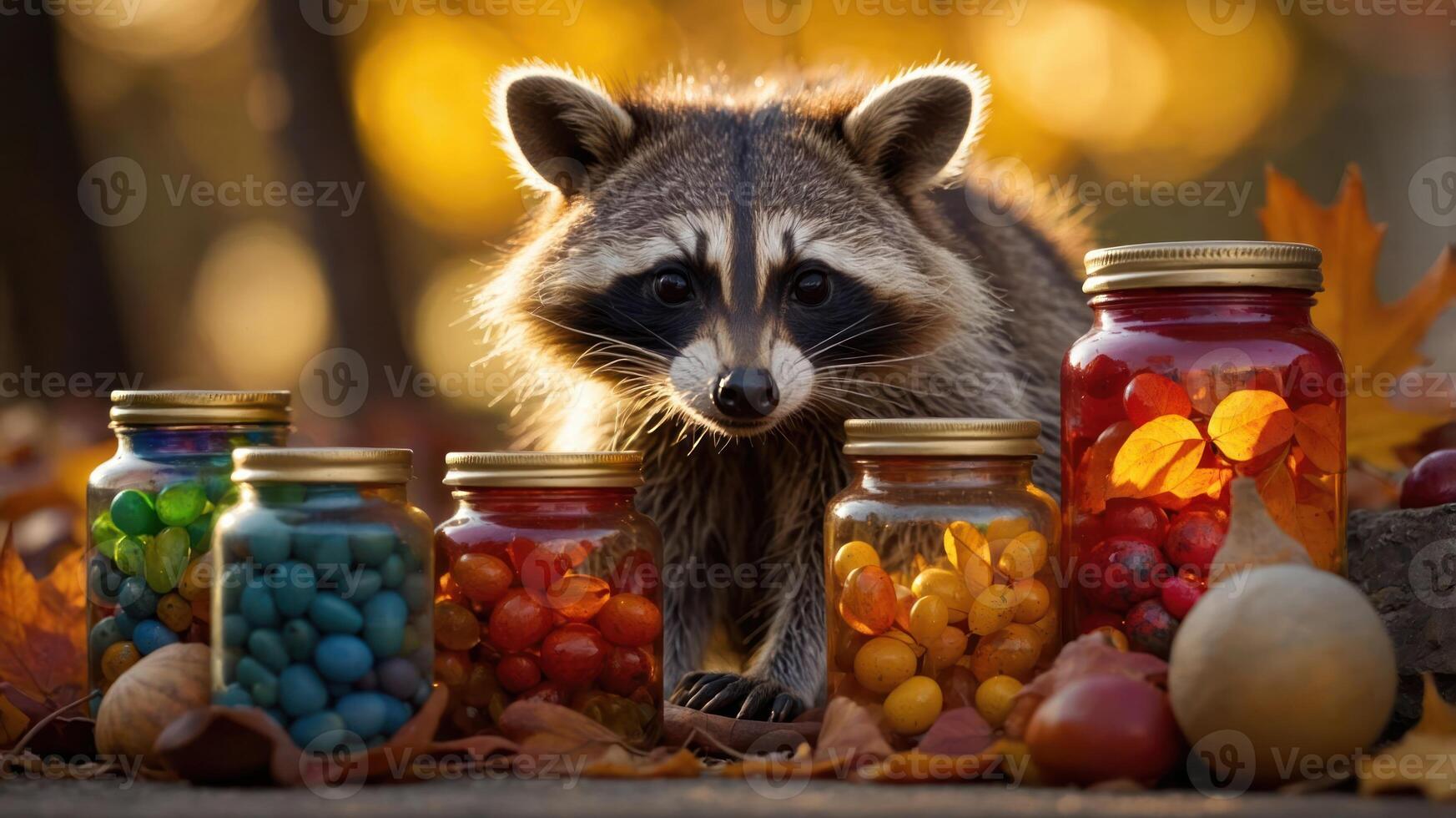 A raccoon surrounded by colorful jars filled with various fruits and candies in an autumn setting. photo