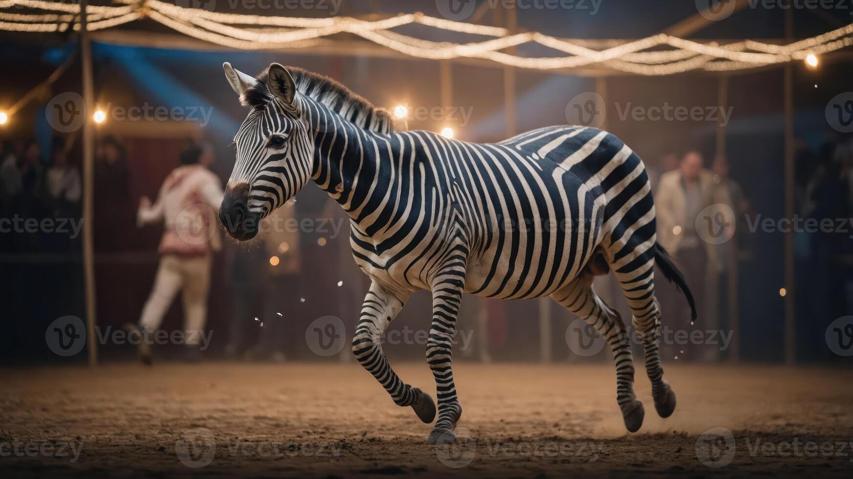 A zebra performs in a circus setting, surrounded by spectators and festive lighting. photo