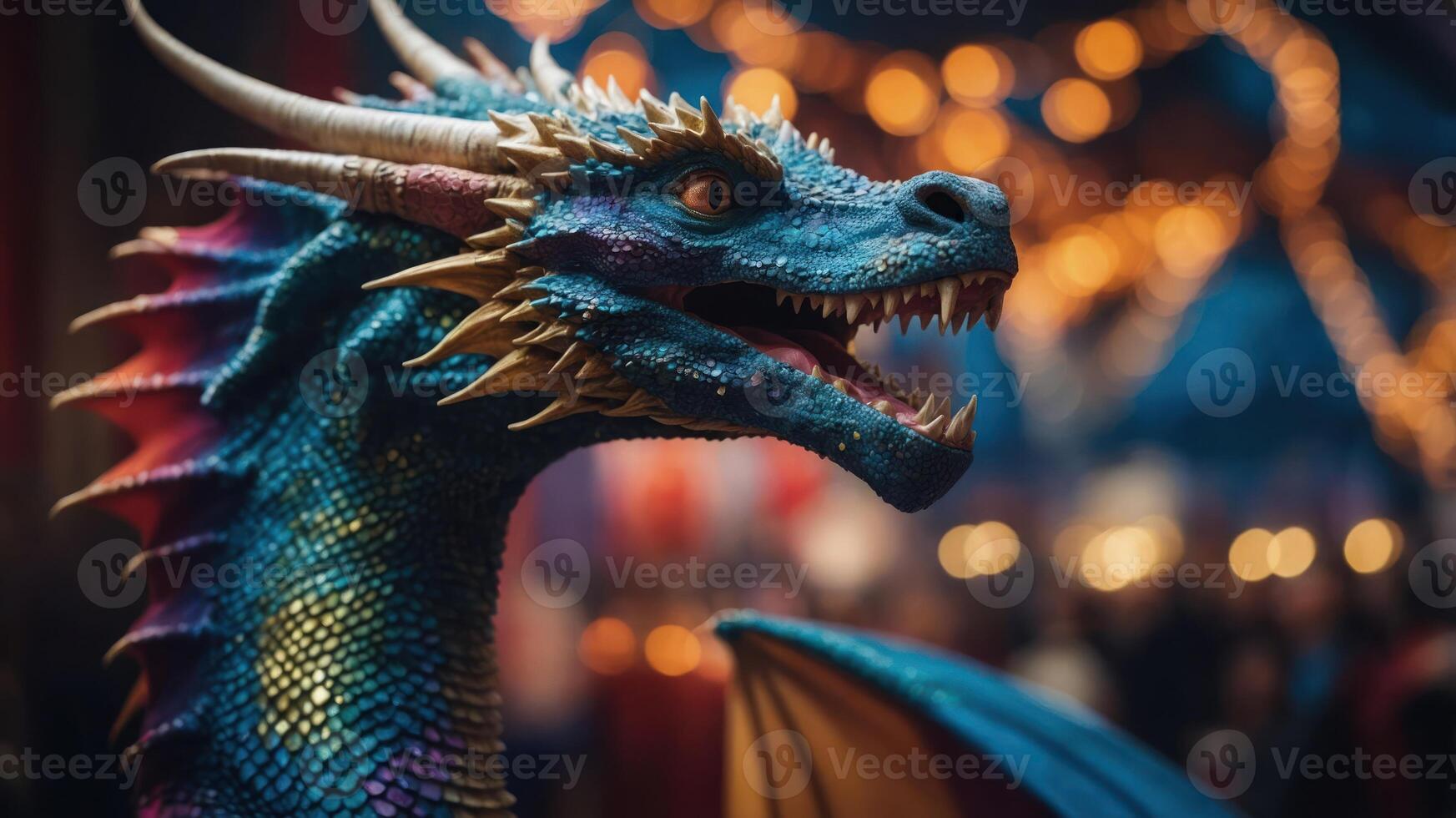 A colorful dragon sculpture with intricate scales and a vibrant atmosphere. photo