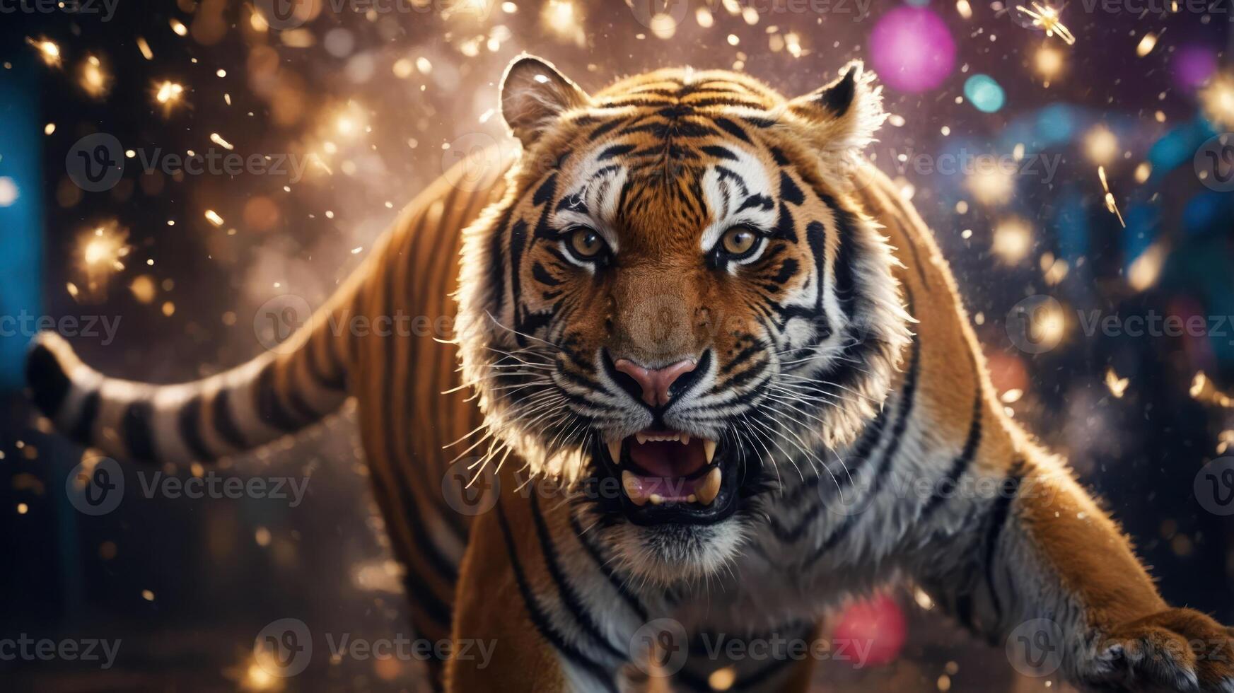 A fierce tiger charges forward amidst a sparkling, dynamic background. photo