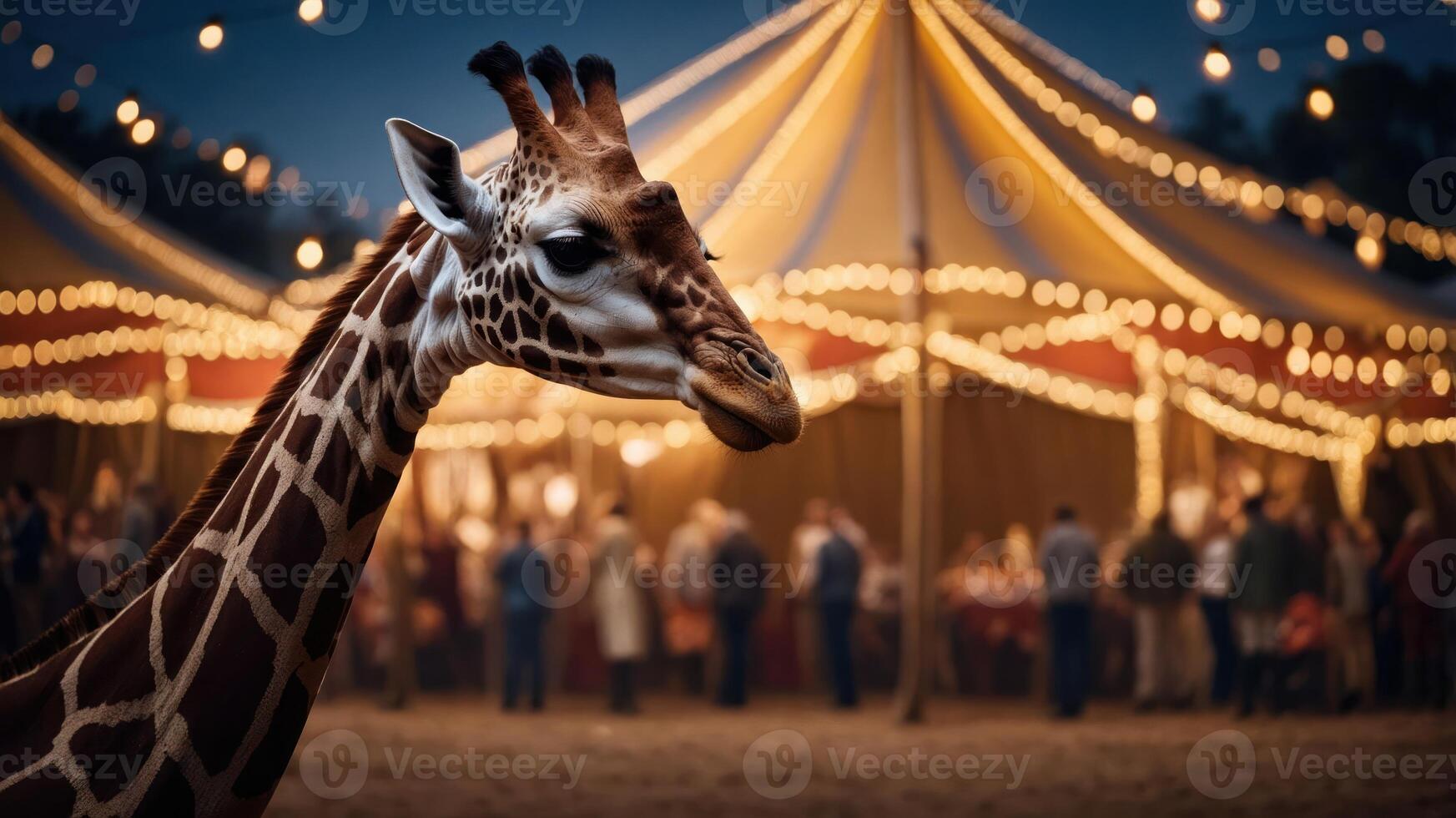 A giraffe stands near a festive tent with lights and people enjoying an evening event. photo