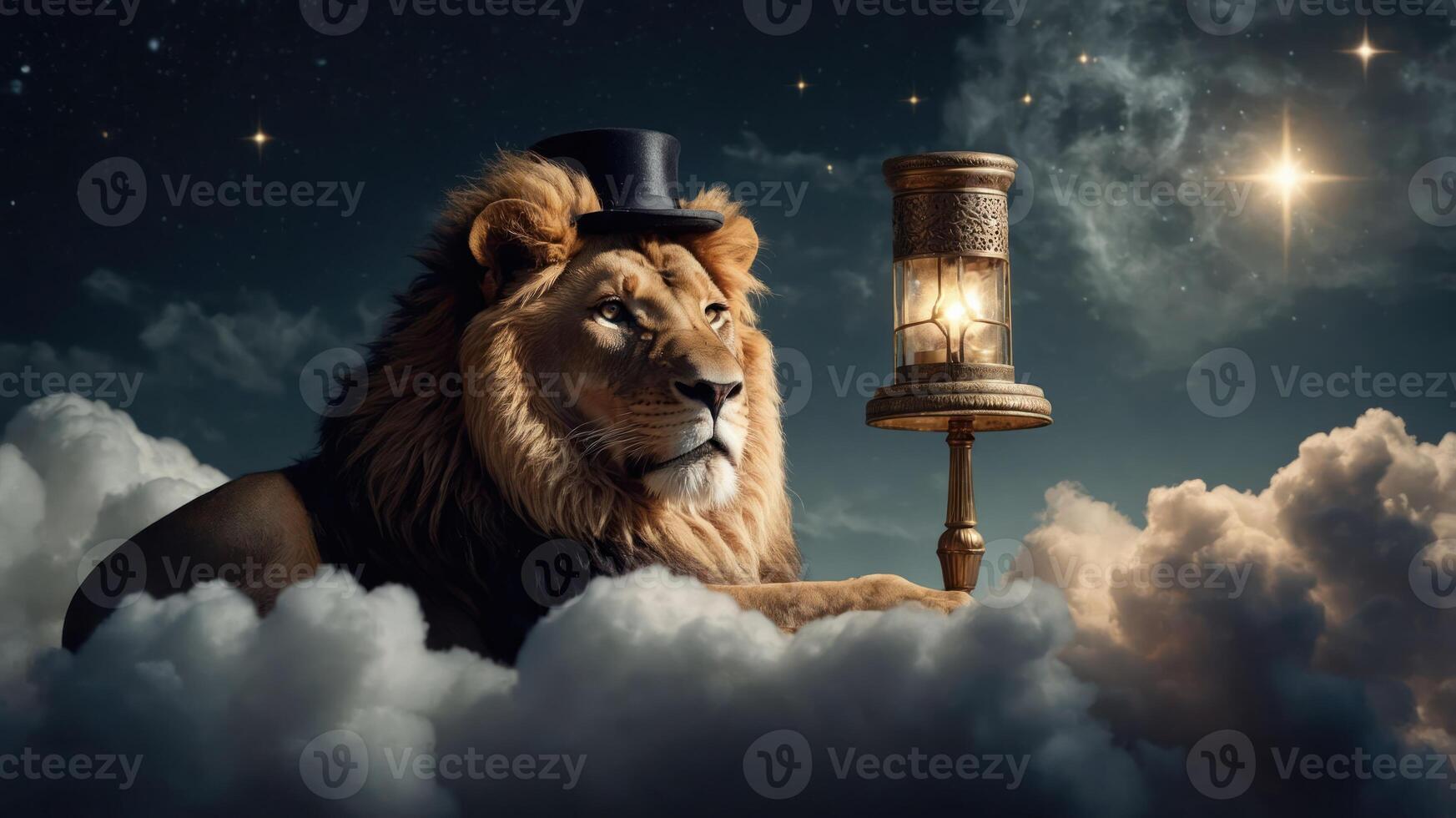 A lion in a top hat sits on clouds, holding a lantern against a starry night backdrop. photo