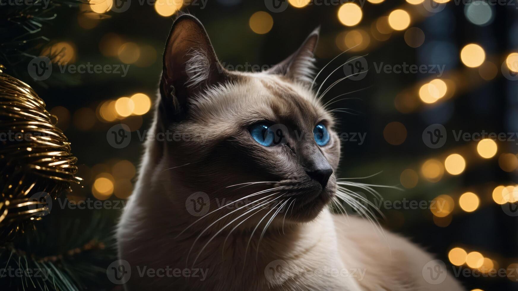 A close-up of a Siamese cat with striking blue eyes, set against a backdrop of festive lights. photo