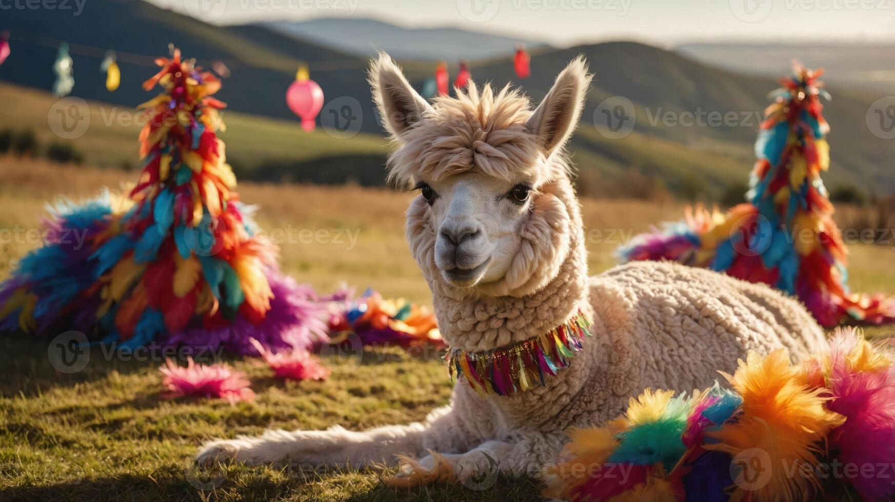 A colorful alpaca rests amidst vibrant decorations in a scenic landscape. photo