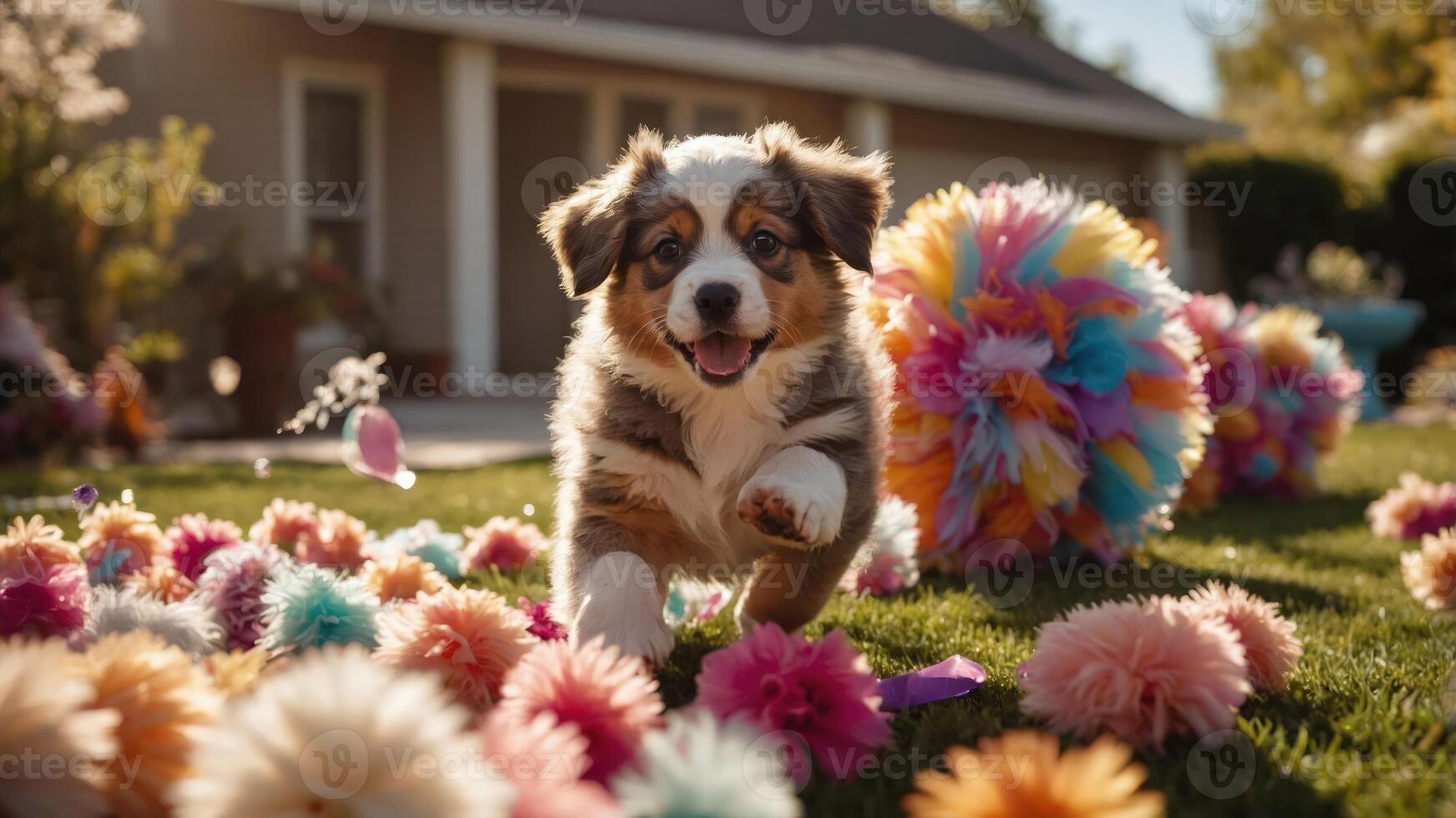 A playful puppy runs joyfully through a garden adorned with colorful flowers. photo