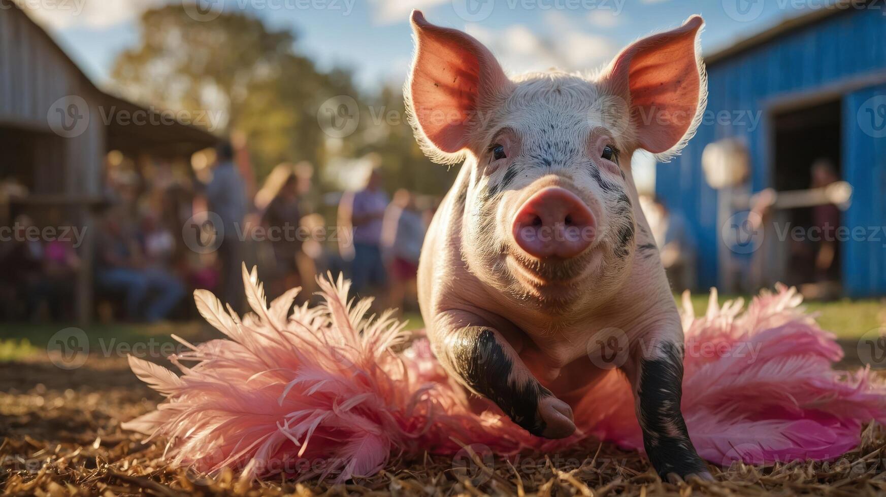 A playful pig wearing a pink tutu runs in a farm setting, capturing a fun moment. photo