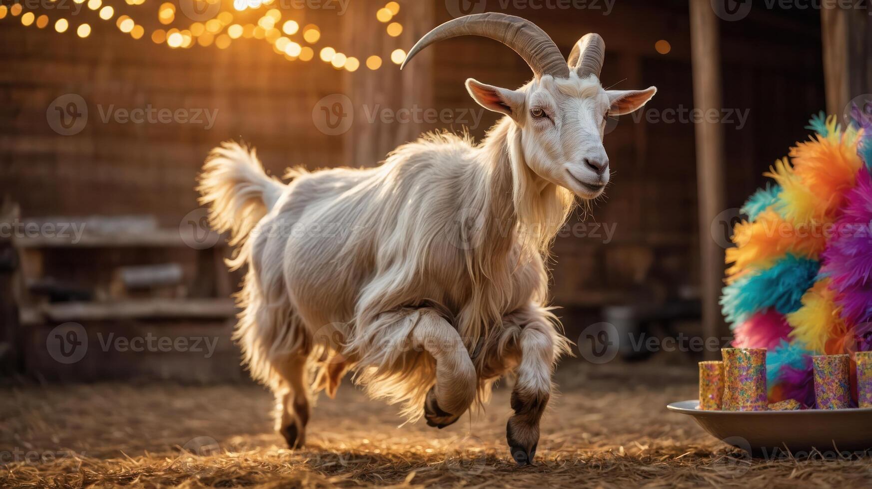 A playful goat leaps in a barn setting, surrounded by colorful decorations. photo