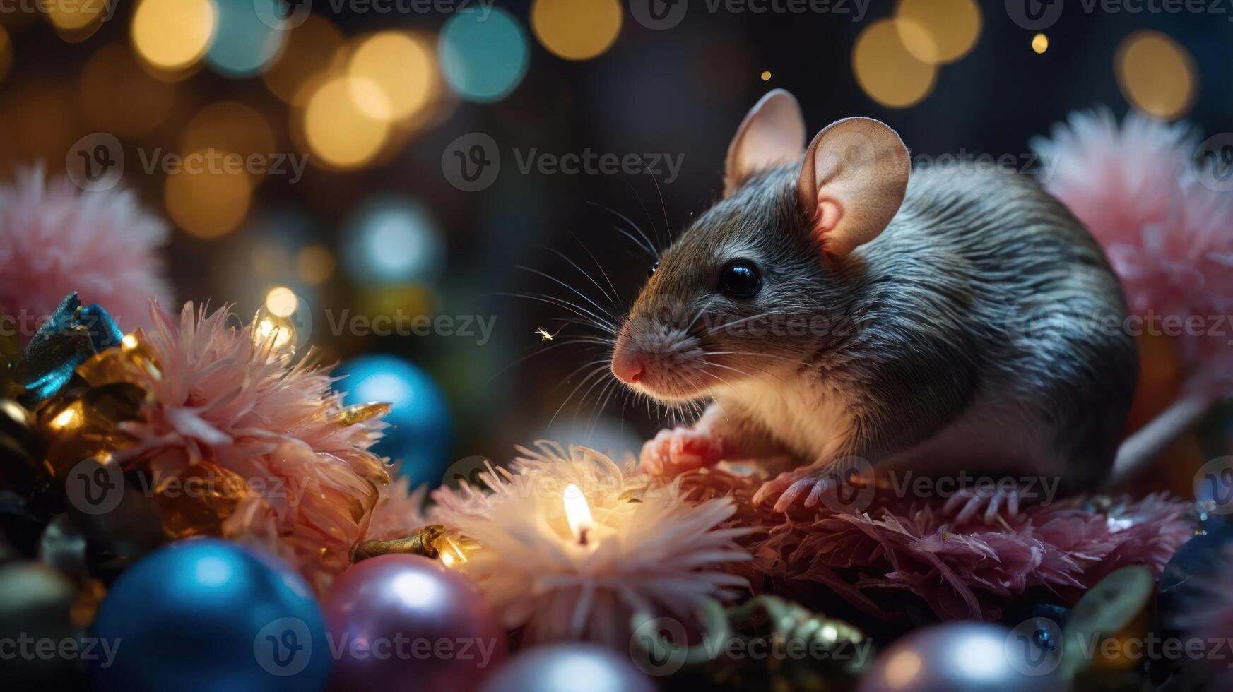 A cute mouse sits among festive decorations, illuminated by a warm glow. photo