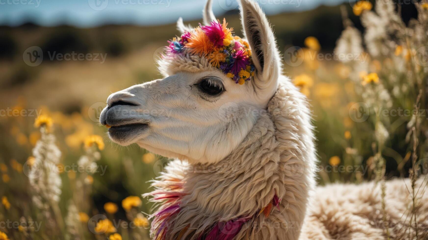 A llama adorned with colorful flowers in a vibrant field of yellow blooms. photo
