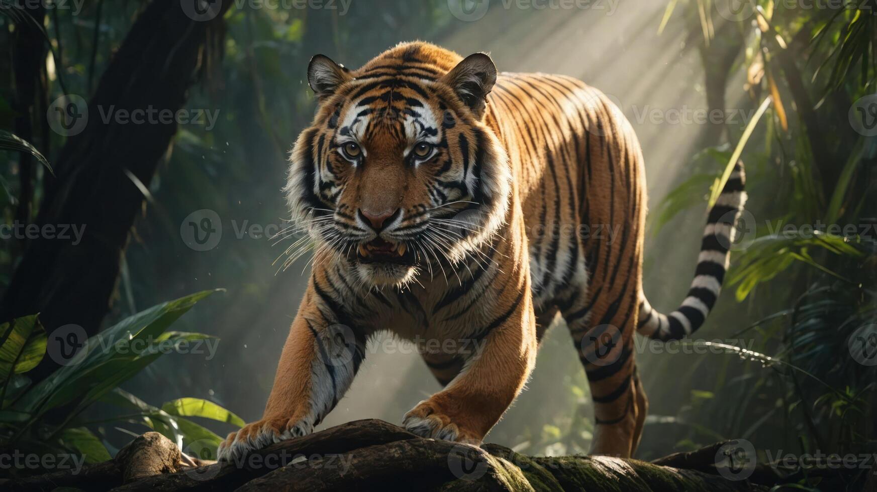 A majestic tiger prowls through a lush jungle, illuminated by rays of sunlight. photo