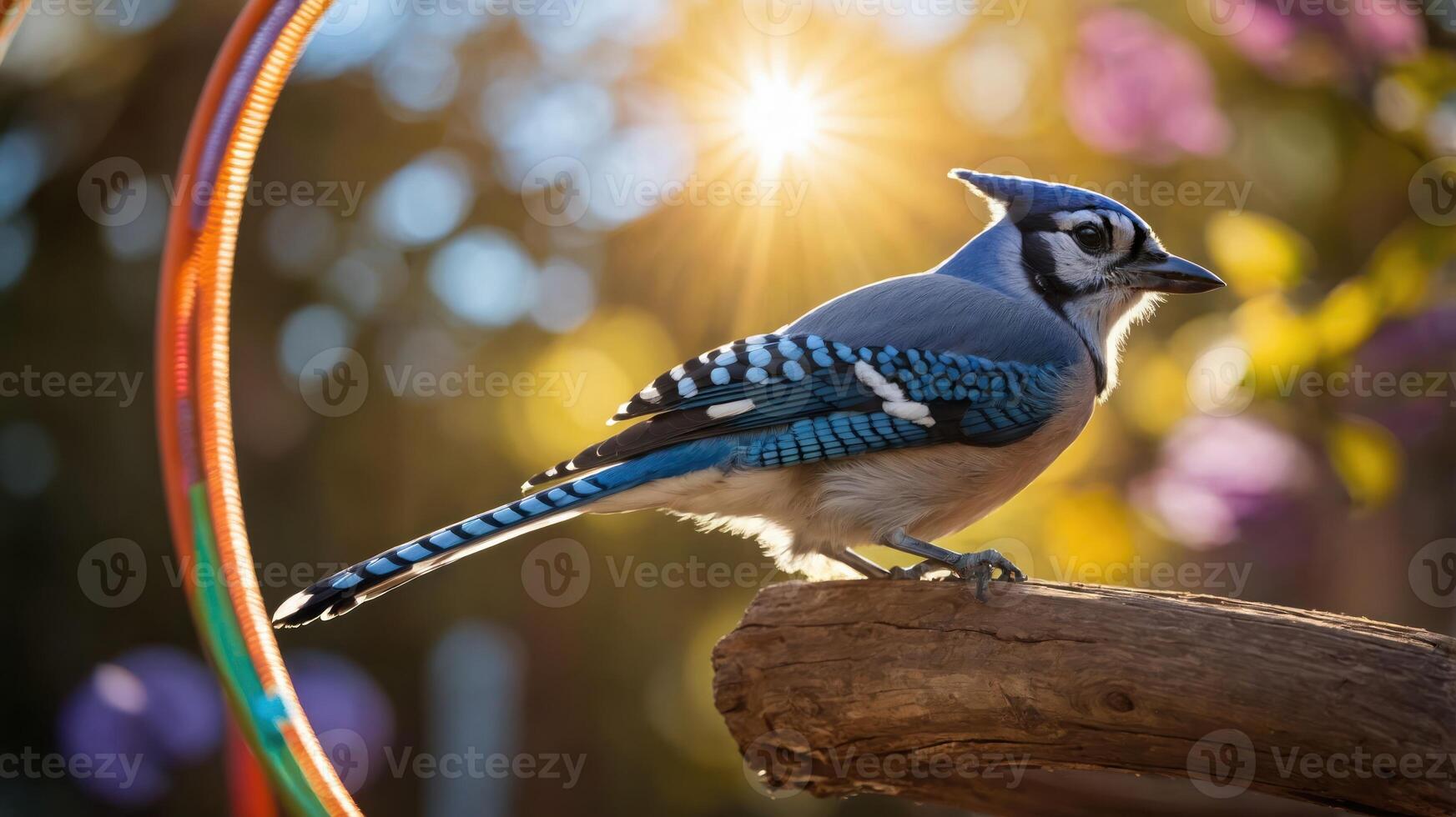 A blue jay perched on a branch with a sunburst in the background, showcasing nature's beauty. photo