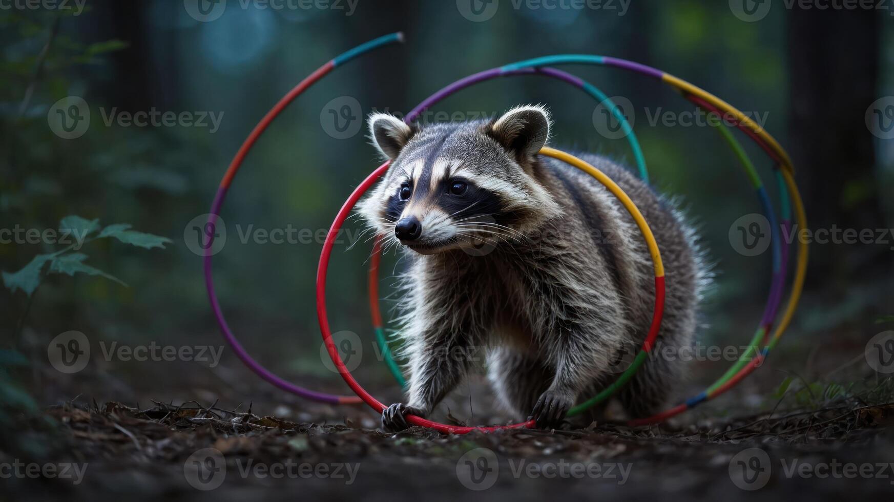 A raccoon plays with colorful hoops in a forest setting. photo